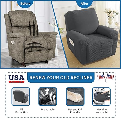 Vista 149 de XINEAGE Funda reclinable de 4 piezas de jacquard elástica con bolsillo, protector de silla reclinable lavable para niños, mascotas, perros y gatos