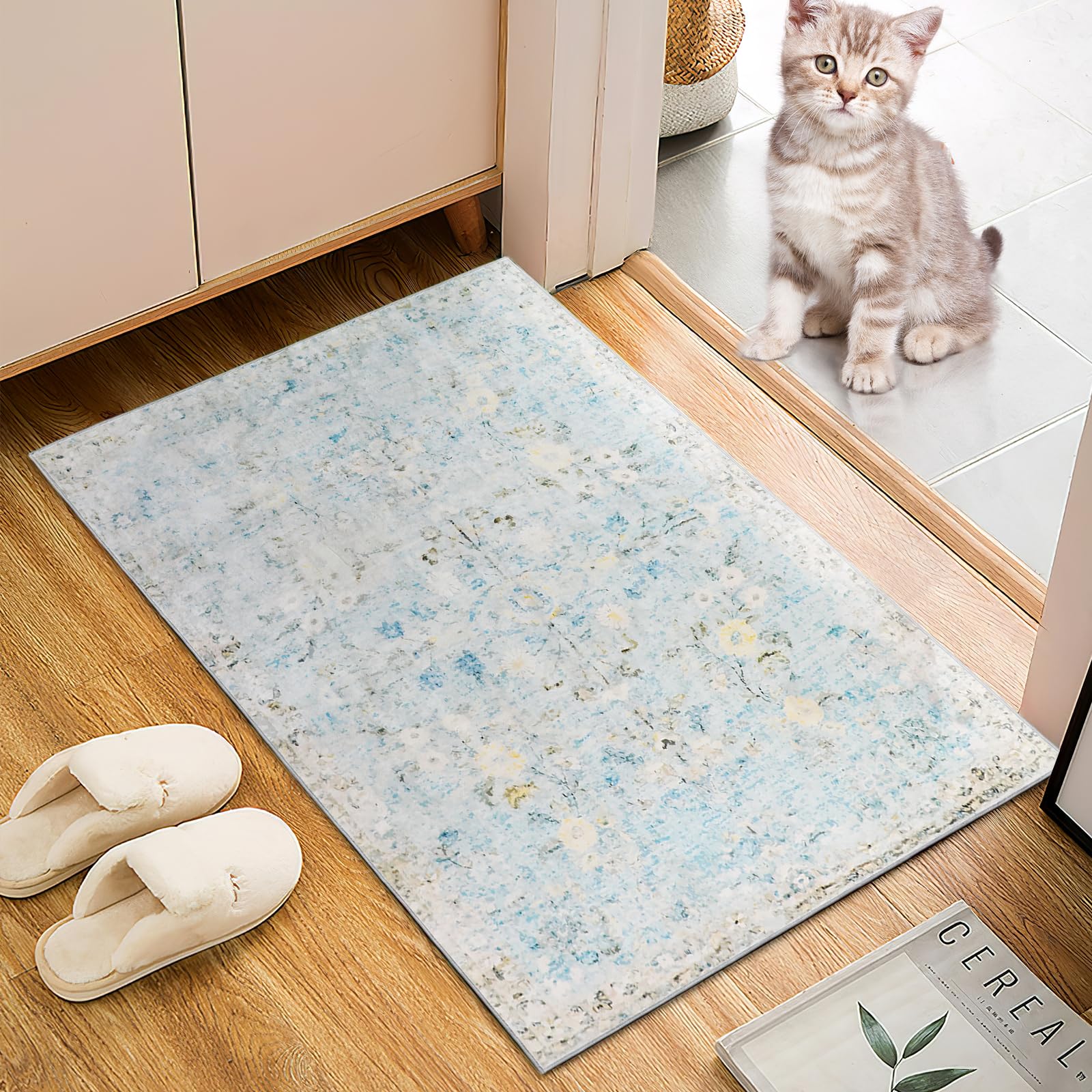 FUNME Area Rug Retro Rug with Rubber Backing Foldable Machine Washable Non Slip Large Soft Low Pile Floor Carpet Rug for Living Room Dining Room Kitchen High Traffic Area (Nature, 2'x3')