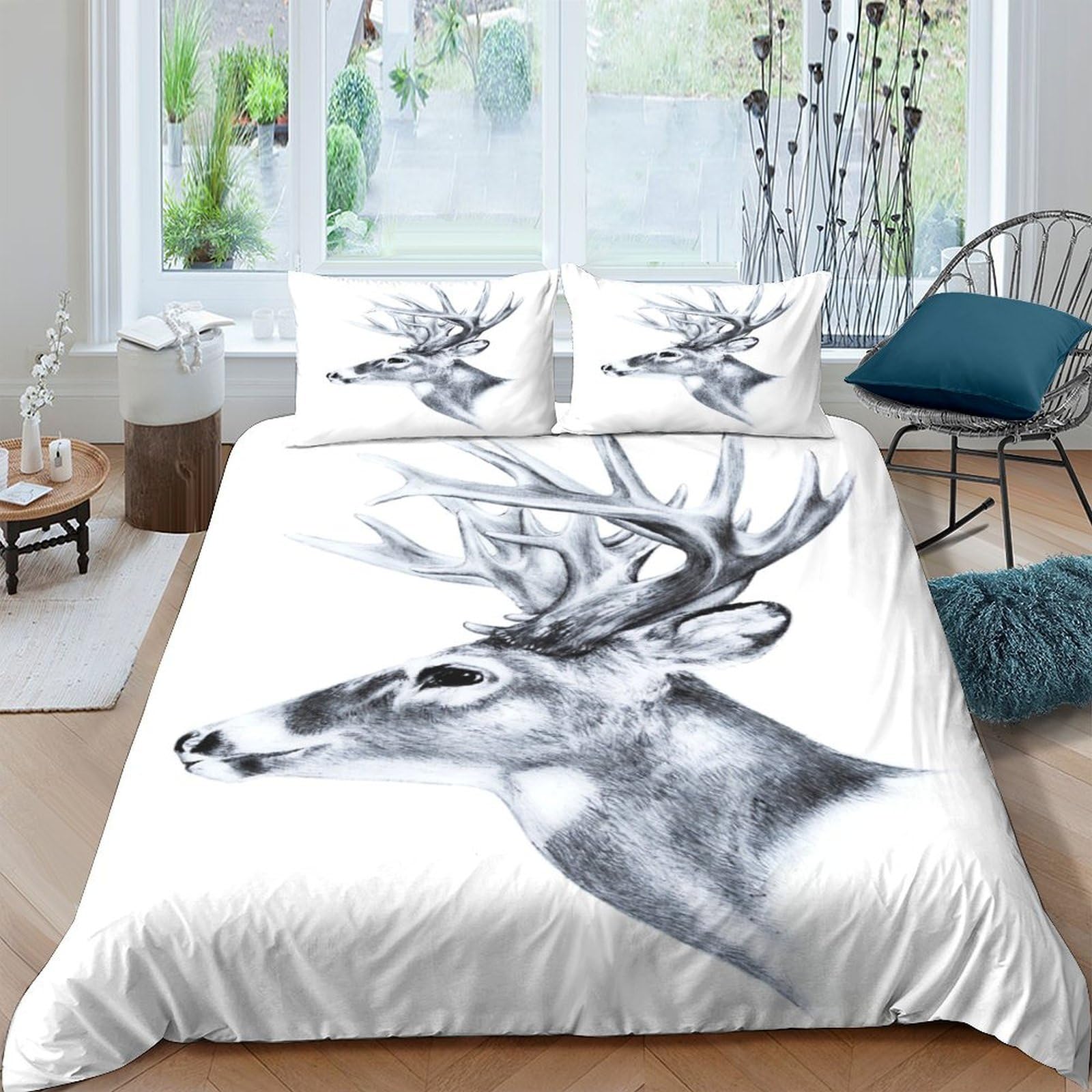 GPLZQXKJNH 3D Printed Deer Forest Duvet Cover Microfiber Soft Breathable Antler Animal Bedding Set with 2 Pillowcases for Bedroom Decor Single（135x200cm）