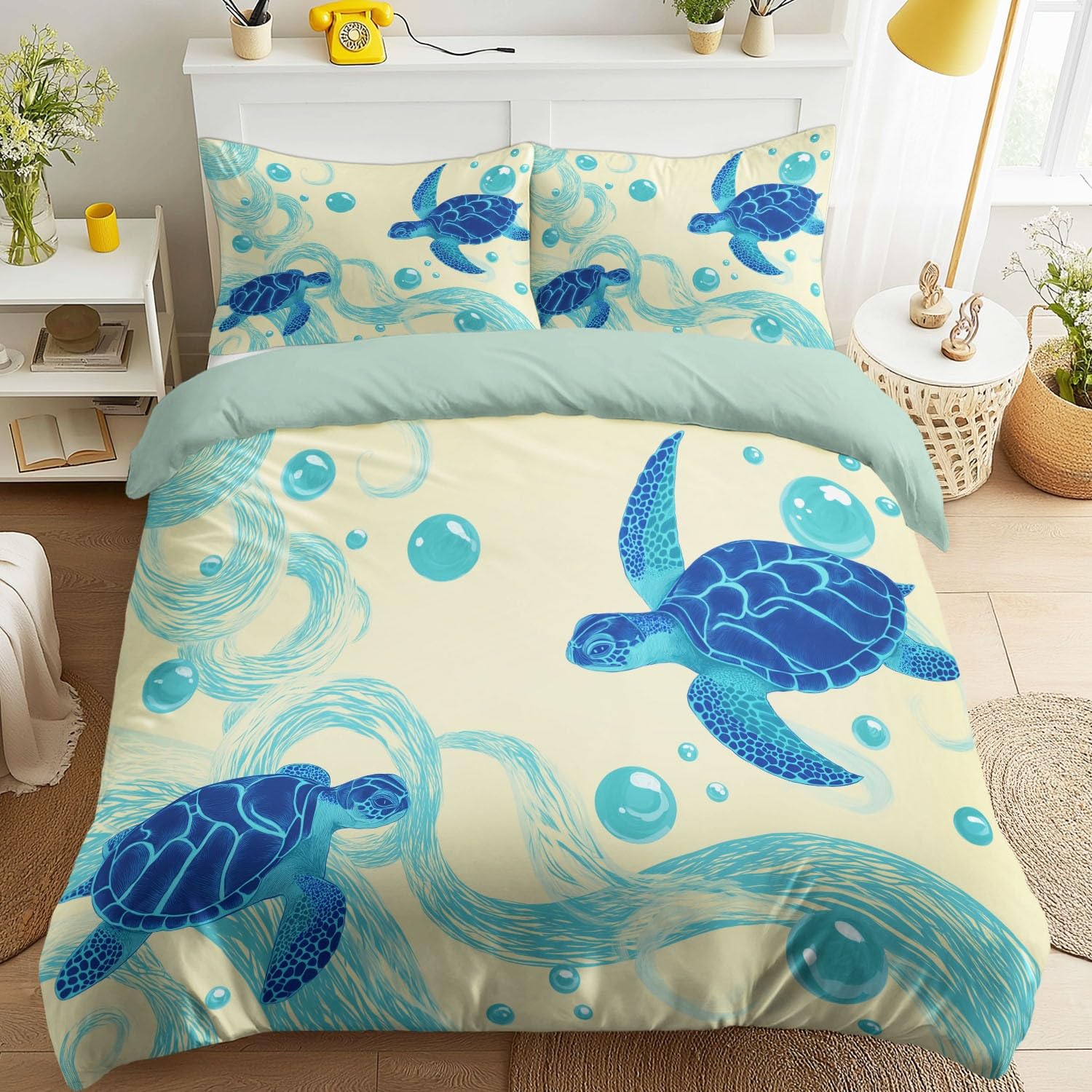 Housse de couette 160 x 200 microfibre douce et anti-plis motif tortue marine