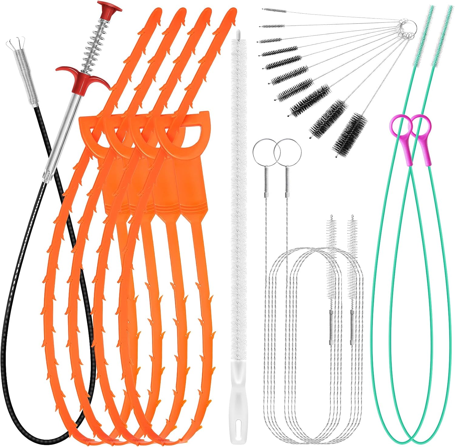 20PCS Drain Clog Remover Tool Set – 59” Drain Snake (2), 37” Snake Drain Hair Removal Tool (2), 25” Plumbing Snake (4), 24” Sink Snake (1), 18” Sink Drain Cleaner Tool (1), Straw Cleaning Brushes (10)
