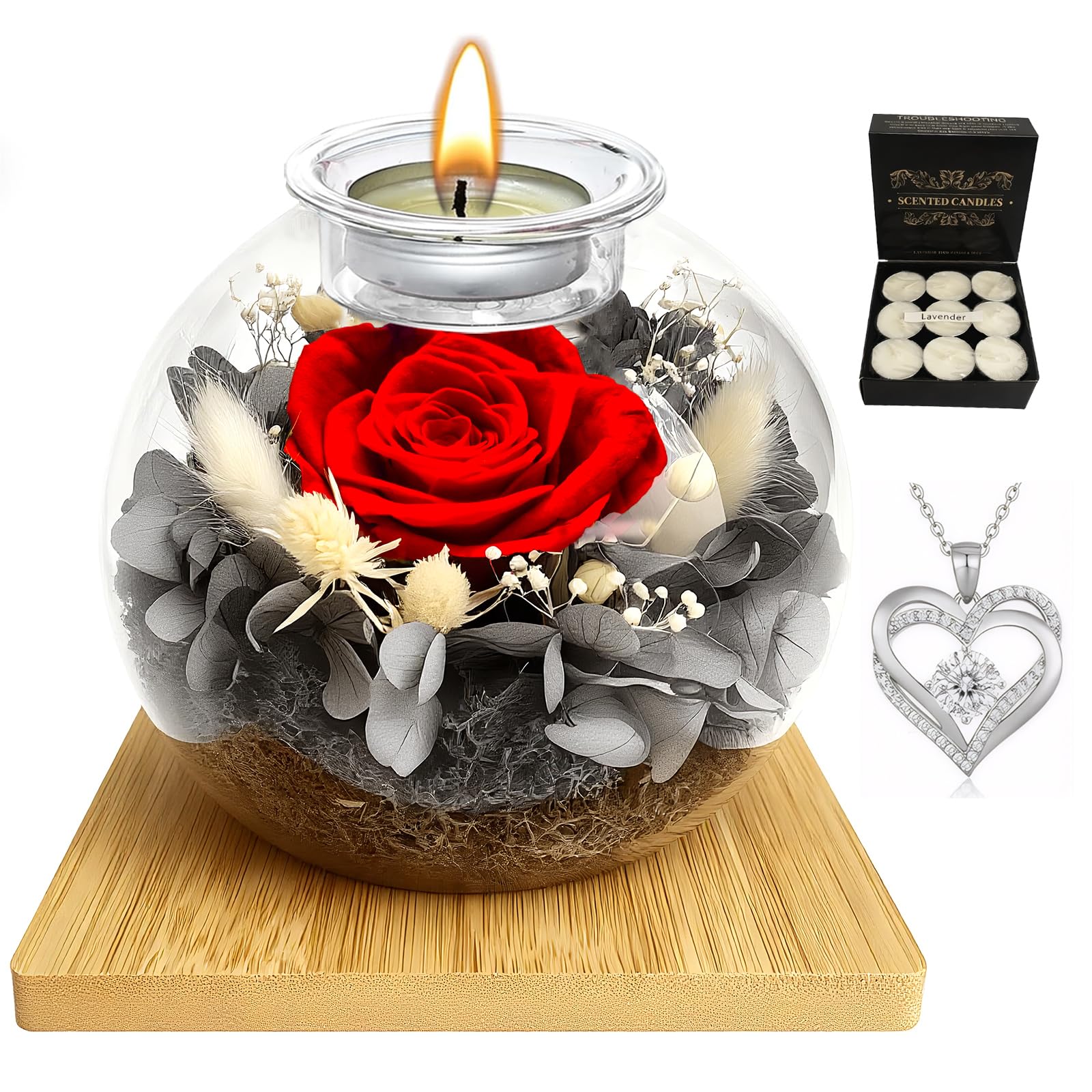Eternal Rose Birthday Gifts for Women,Preserved Real Roses in Glass Dome with Scented Candle&Heart Necklace,Long-Lasting Eternal Flower,Valentine Forever Rose Gift for Mum Wife Sister Girlfriend (Red)