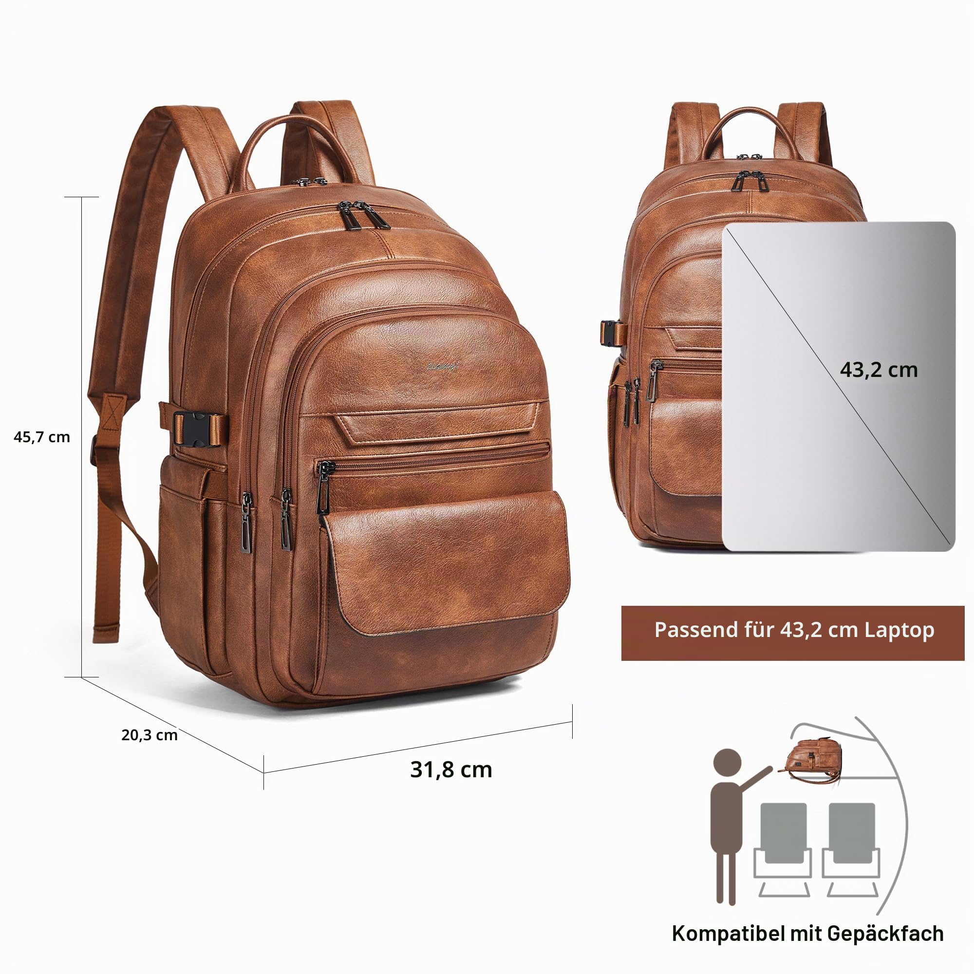 Veganer Lederrucksack, Reiserucksack für Damen und Herren, passend für 17 Zoll Notebook mit Koffergurt, Braun