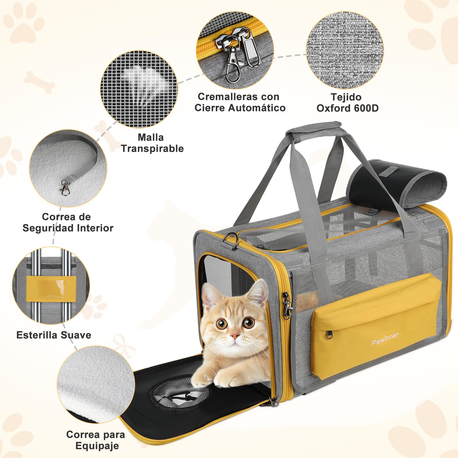 Transportín Perro Gato, Pawinner Transpirable Bolsa de Transporte para Mascotas, Llevar en Mano y Hombro 2 en 1, Plegable Fuardar, Adecuada para Gatos y Perros de hasta 9kg, 45 * 33 * 33cm