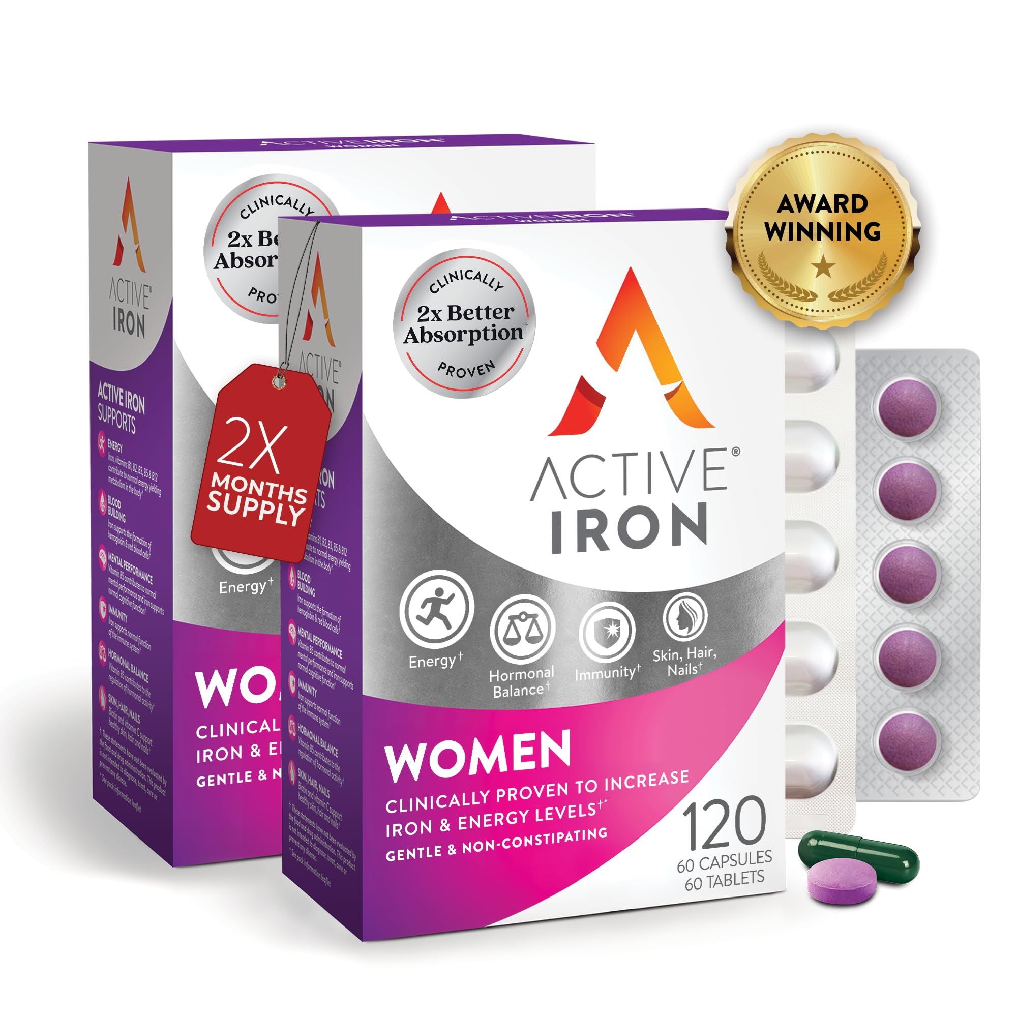 Iron Supplement 25mg + Multivitamin for Women – Clinically Proven to Increase Energy & Reduce Tiredness – Gentle, Non-Constipating Iron + Women’s Multivitamin – 60 Capsules + 60 Tablets