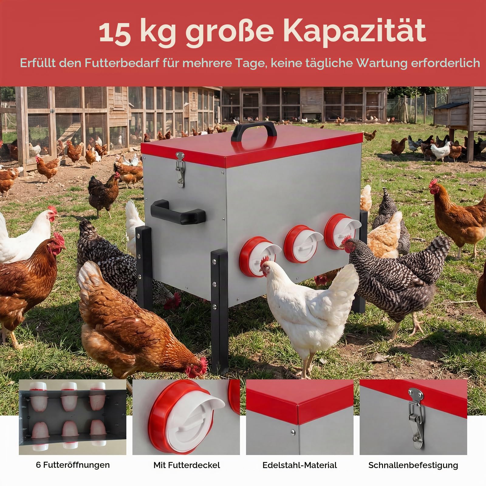 Futterautomat Hühner 15KG Großvolumiger Automatischer Hühnerfutterautomat, Hühnerfutter Automat mit 6 Löchern aus Metall, Futterspender für Hühner, Enten & Gänsen, für Stall/Hof/Garten