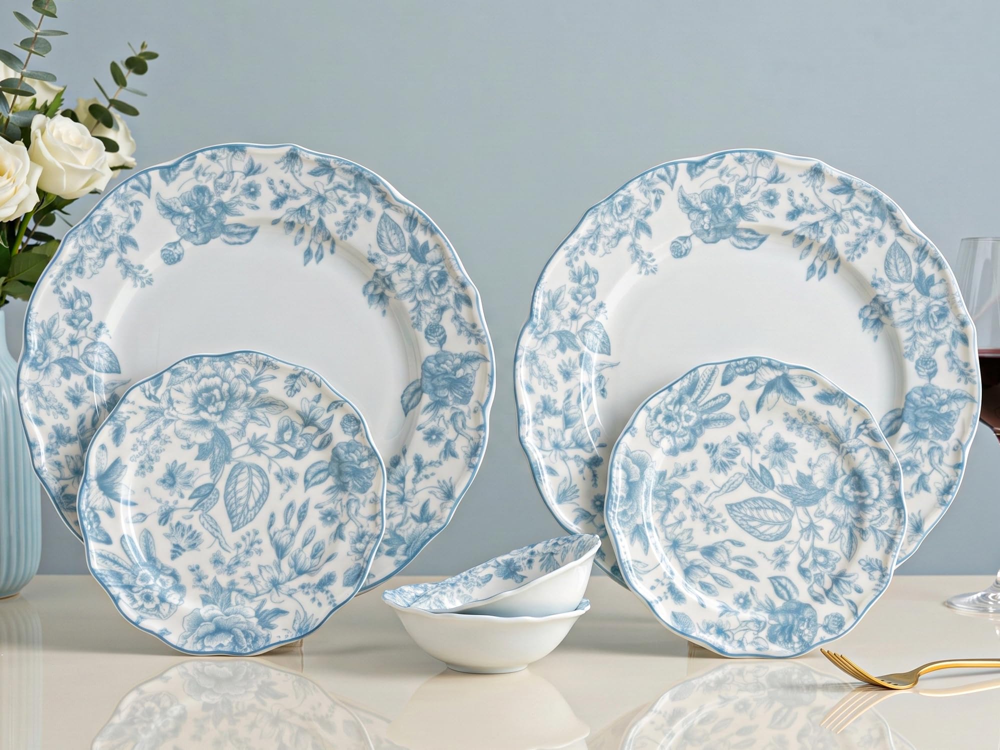 Bodhi House Porcelain Dinner Set 6 Pieces – Blue Leaf | White Dinnerware Set | 2 Dinner Plates, 2 Quarter Plates, 2 Katori Bowls | Premium Crockery Set for Dining, Kitchen & Gifting-image-0