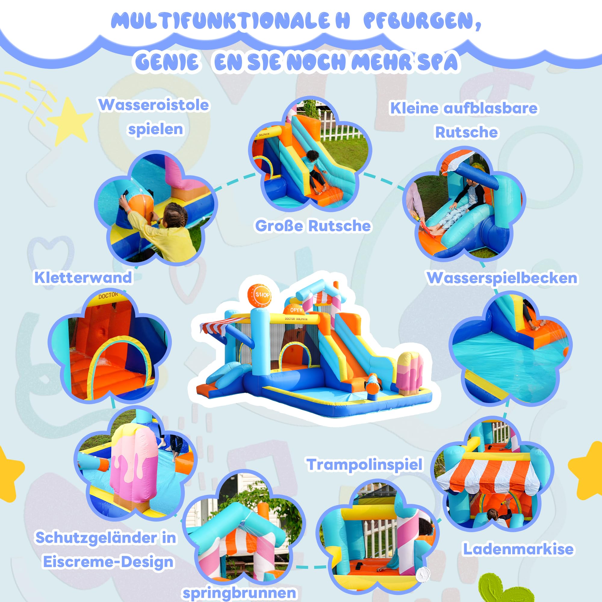 Castello gonfiabile per bambini con ventilatore, parco acquatico multifunzionale all'aperto con trampolino, scivolo d'acqua, piccolo scivolo, fontana, pistole ad acqua, con ventilatore da 450 W, blu