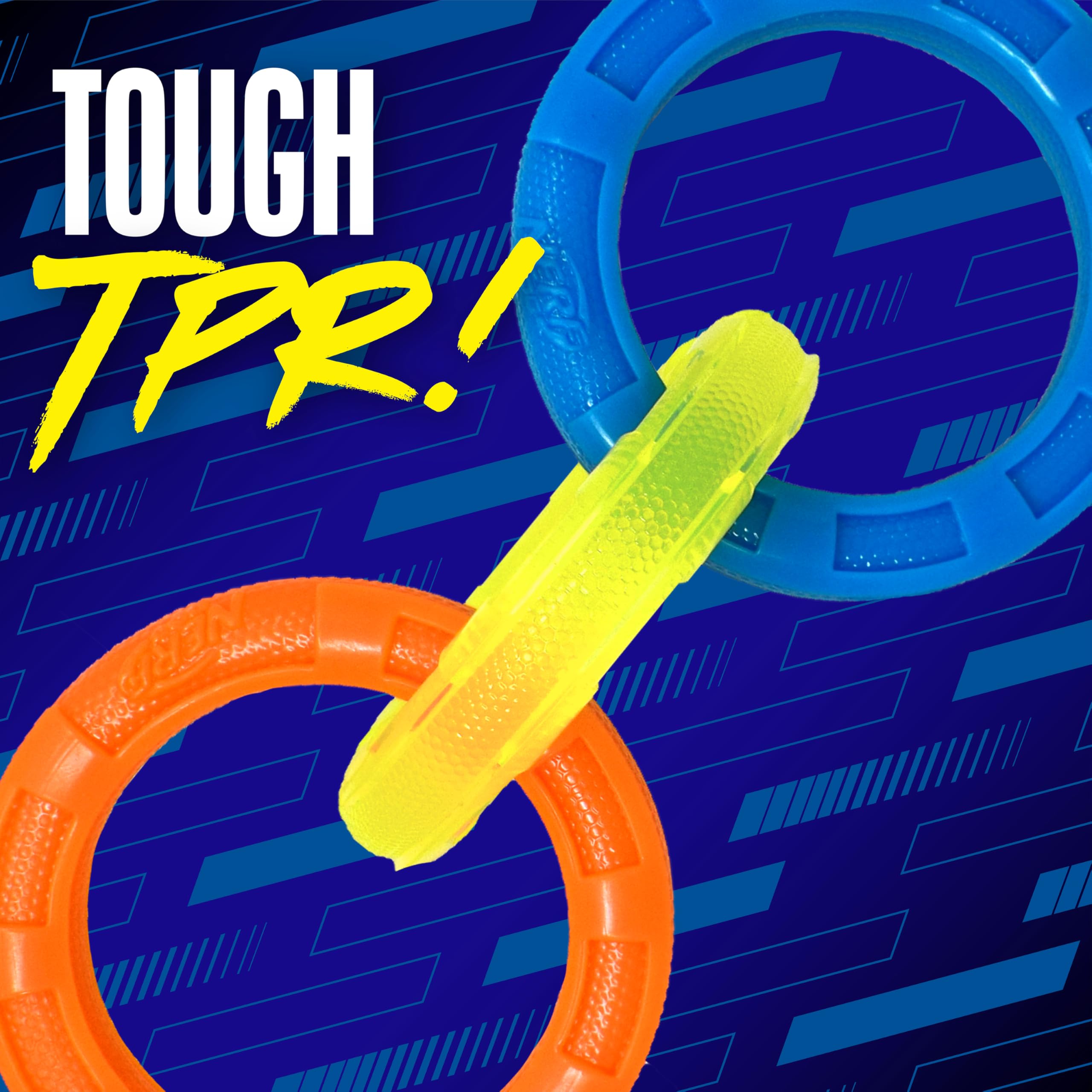 Nerf Dog 29,2 cm 3-Ring-TPR-Zerrer, Hundespielzeug für Welpen, mittelgroße Hunde, interaktives Spielen, blau, grün und orange