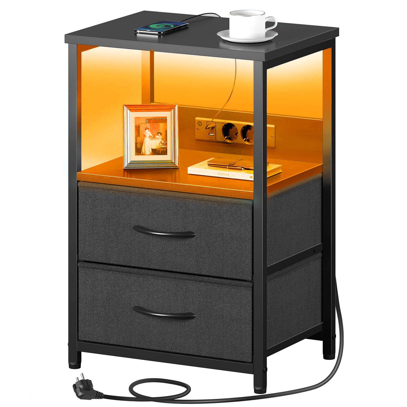 Seventable Table de Chevet avec Prise USB et 2 tiroirs - Table de Nuit connectée avec éclairage LED pour Chambre à Coucher, Salon ou canapé (Noir, Lot de 1 Seventable Table de Chevet avec Prise USB et 2 tiroirs - Table de Nuit connectée avec éclairage LED pour Chambre à Coucher, Salon ou canapé (Noir, Lot de 1