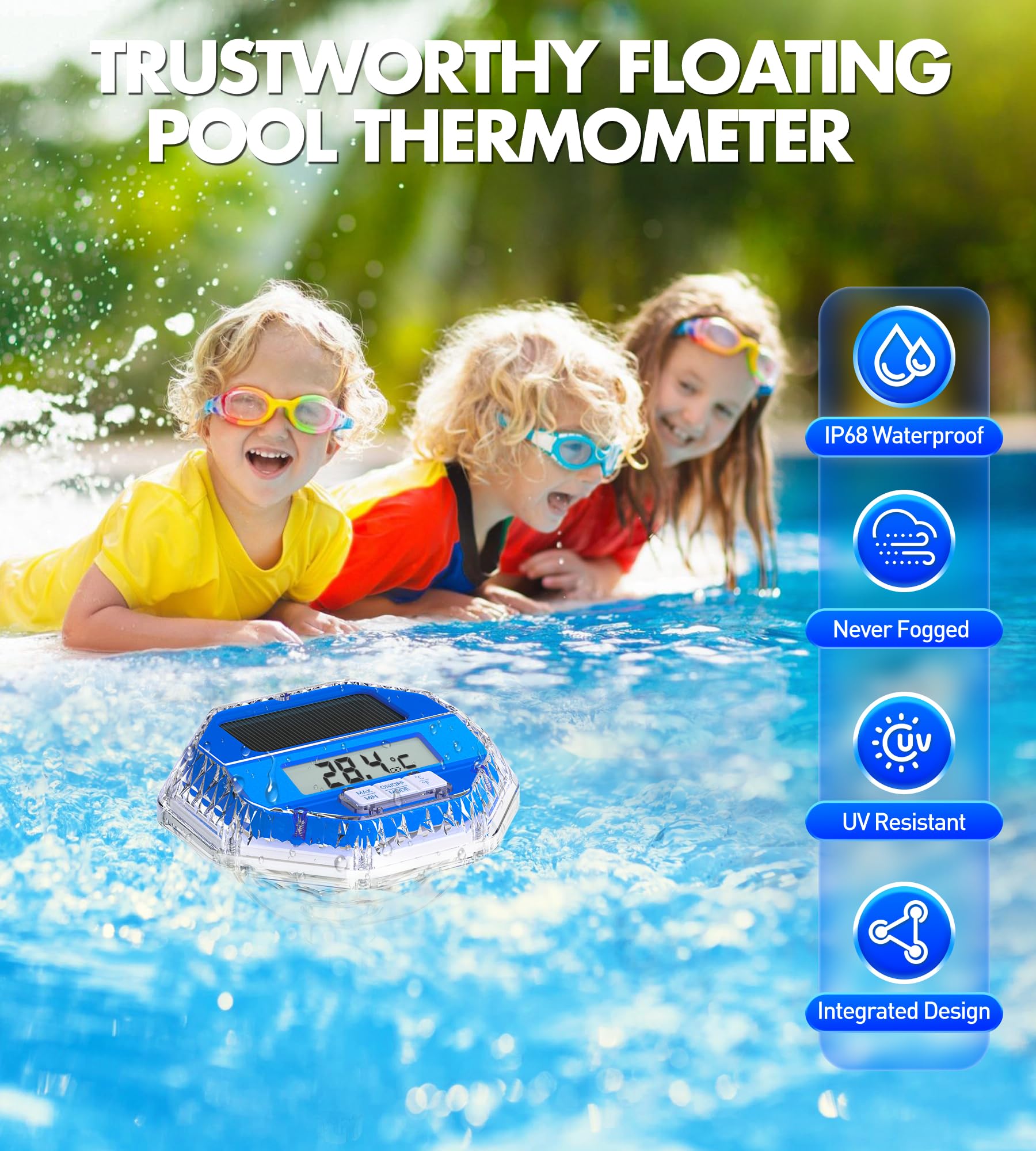 LuxBlue Thermometre Piscine Solaire, Thermomètre Piscine Flottant avec Spectacle Lumineux Sous-marin, Thermometre Piscines Numérique avec Grand Écran LCD Facile à Lire,IP68 Termomètre Piscines Digital