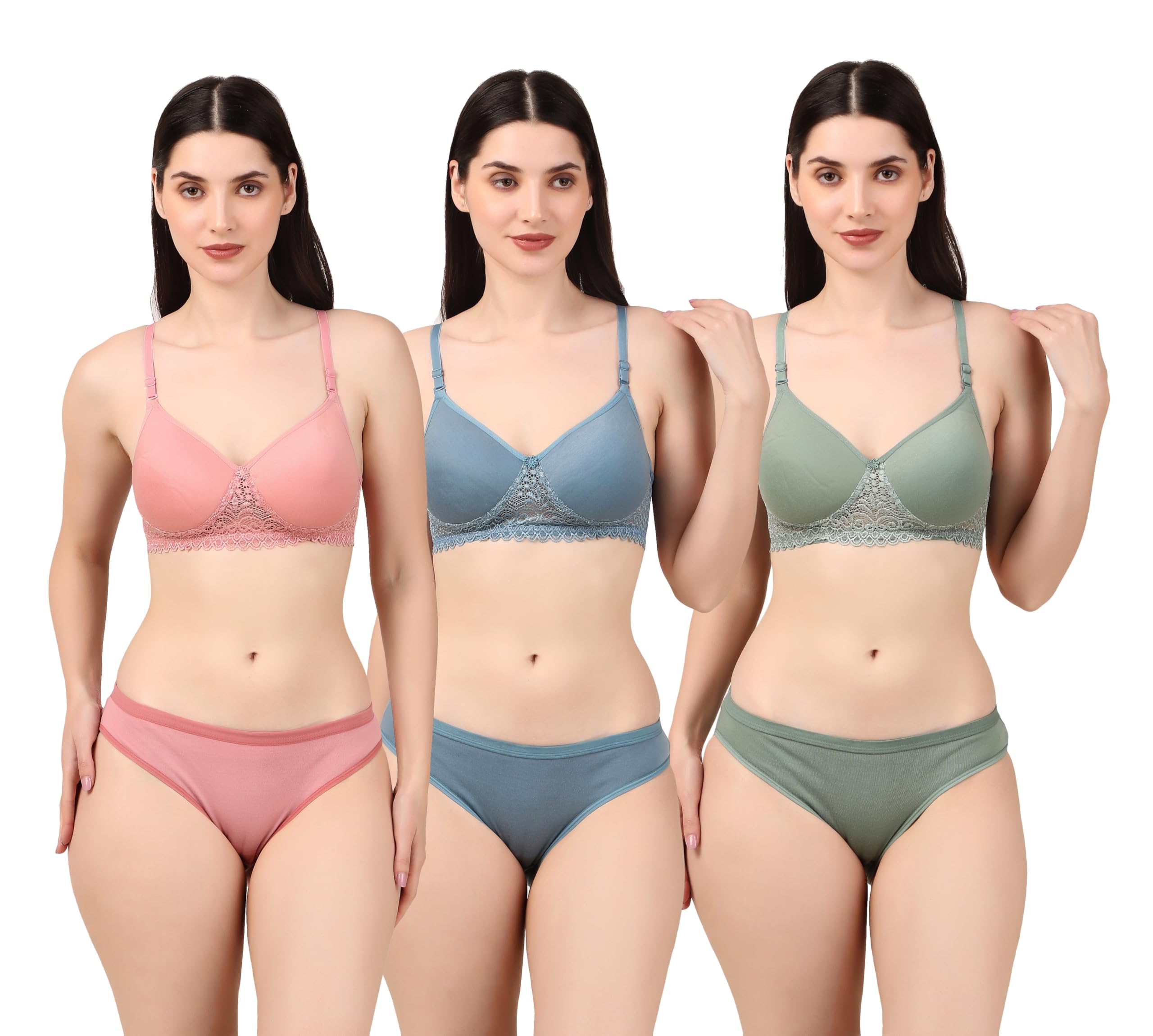 esaki Women’s Non-Padded Lace Bra Panty Set | Wire-Free Comfortable Lingerie Set | Soft Fabric Innerwear | Pack of 3 (Maroon, Purple, Brown)-picture-25