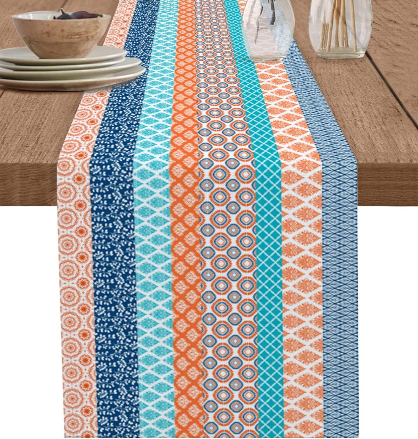Table Runner Orange Teal White Geometric Stripe Cotton Linen Burlap