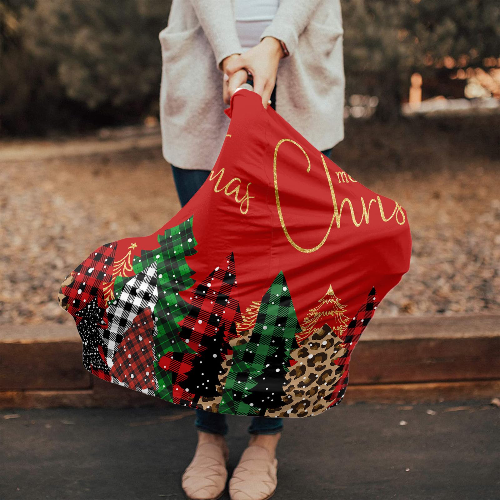 Nursing Cover for Breastfeeding Scarf, Merry Christmas Xmas Tree Leopard Print Plaid Red Baby Car Covers Super Soft Multi Use for Canopy Shopping Cart Cover Blanket Stroller Cover