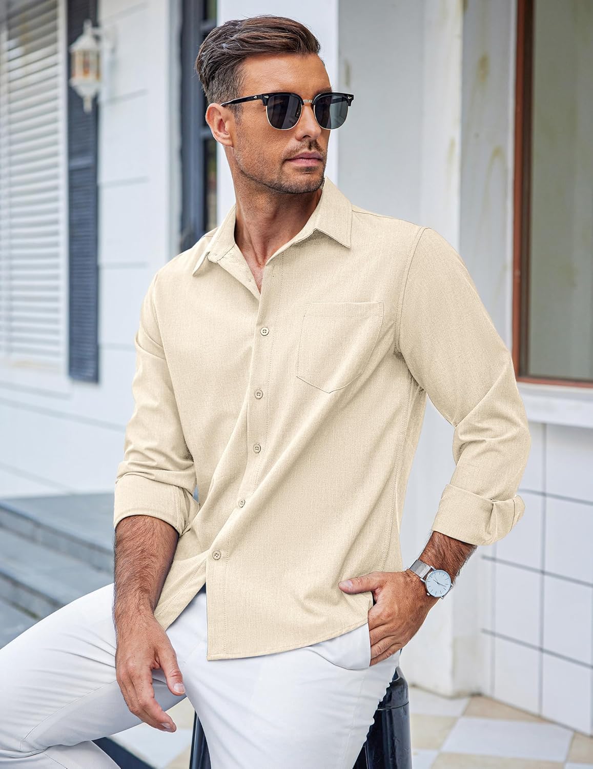 COOFANDY Men's Casual Button Down Shirts Long Sleeve Untucked Shirts Regular Fit Linen Shirt - Image 2