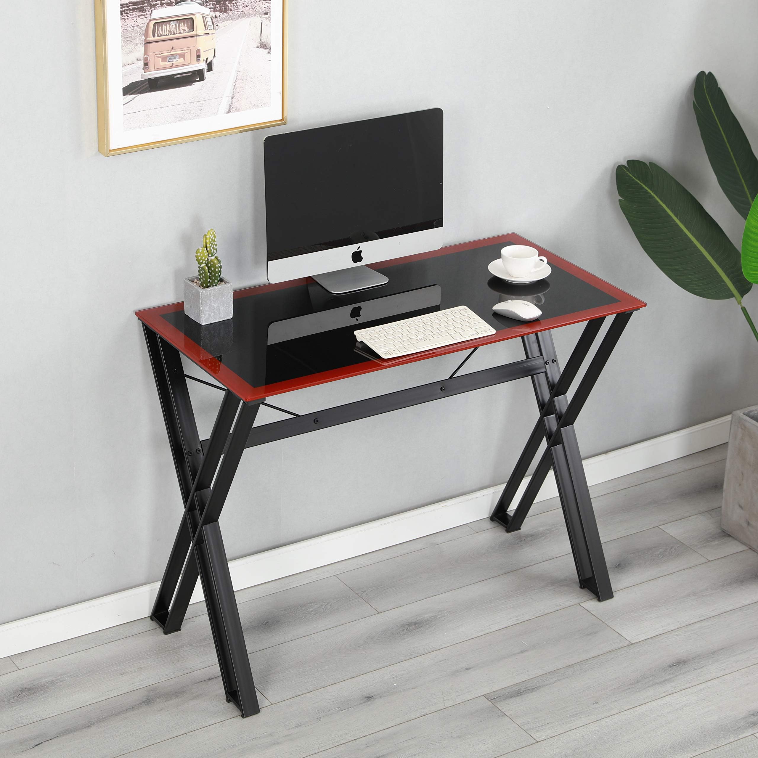 Cherry Tree Furniture ROSCOE Black Glass Top Office Desk Computer Desk with Steel Frame