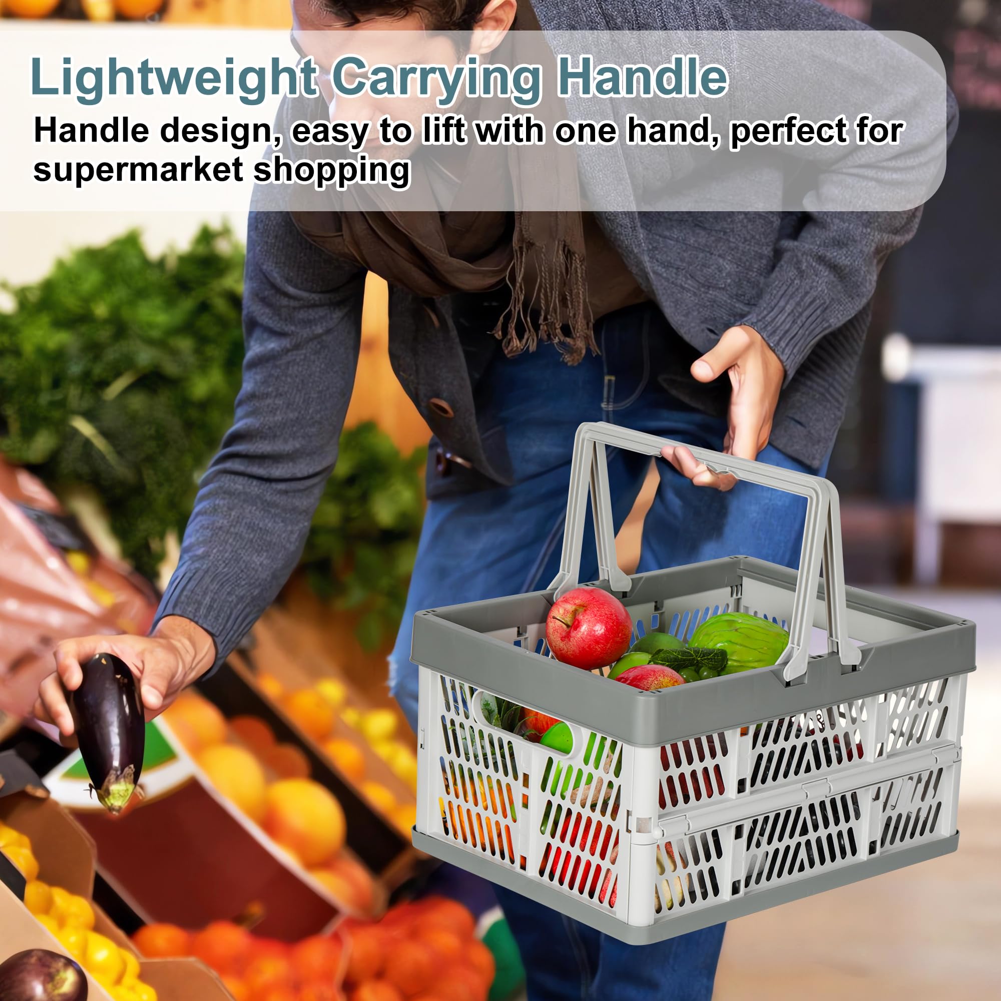 Senloglb - Cestino per la spesa pieghevole con manico, 32 l, in plastica, pieghevole, per auto, ufficio, supermercati, campeggio, aule, colore grigio