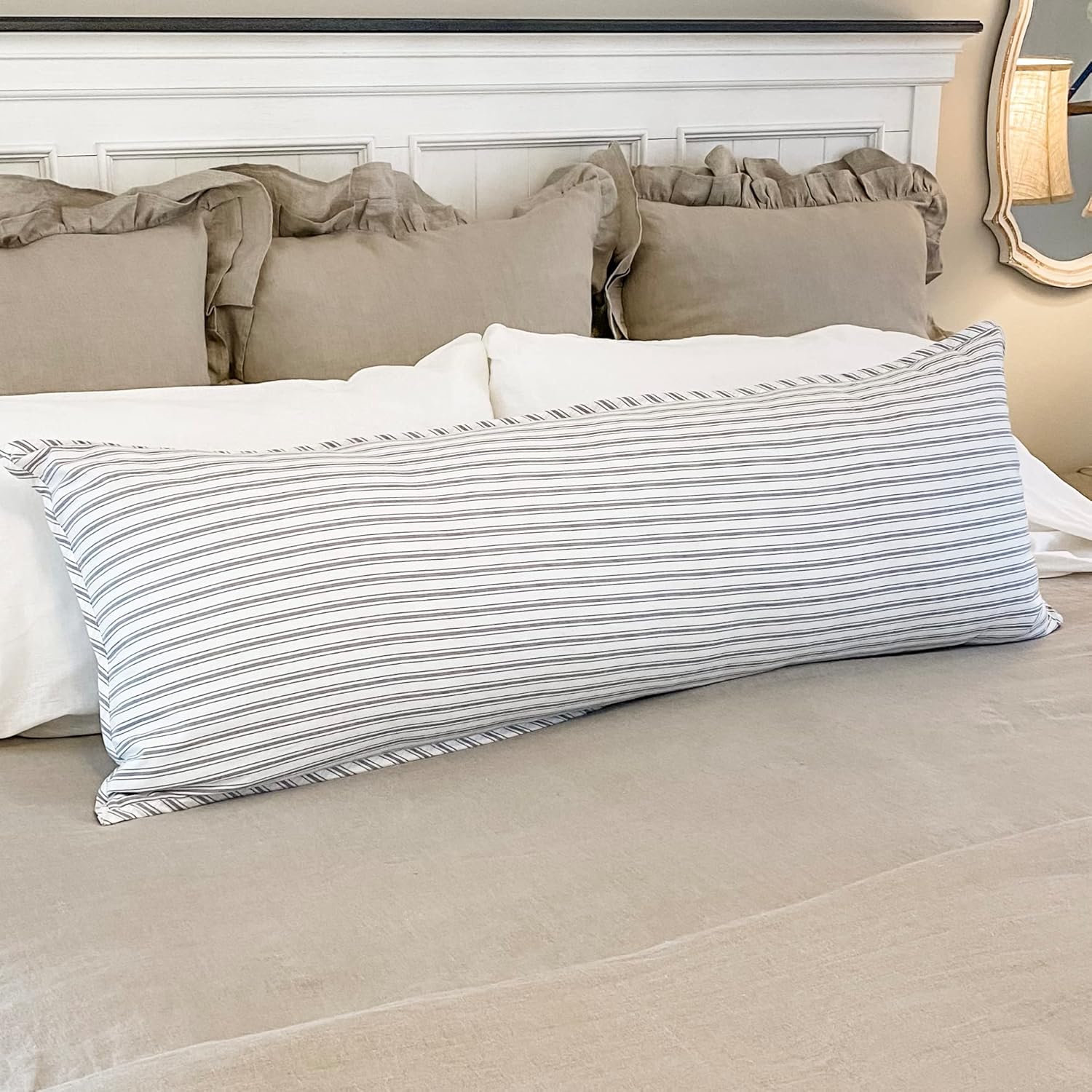 Timeless Ticking Gray Body Pillow Cover, Soft White and Gray Ticking Stripes, Vintage Farmhouse Style Bedding, Long Pillowcase, 54" x 20"