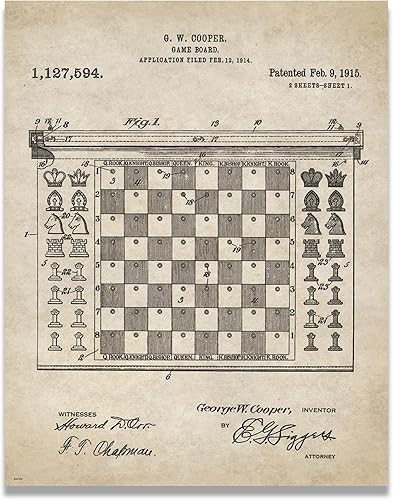 Póster de patente de ajedrez de 11 x 14 pulgadas, piezas de tablero de reloj, damas, libros, juegos, decoración de pared, imágenes