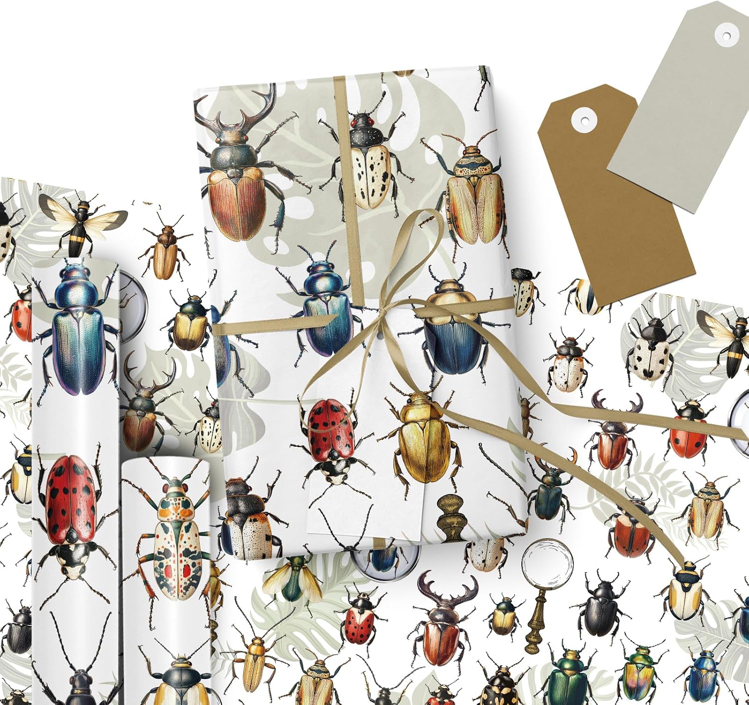 Dlyrroba Insect Wrapping Paper Roll - Watercolor Beetle Bugs Leaves Design Gift Wrap for Kids Birthday Nature Party Holiday 17 Inch x 16.5 Feet