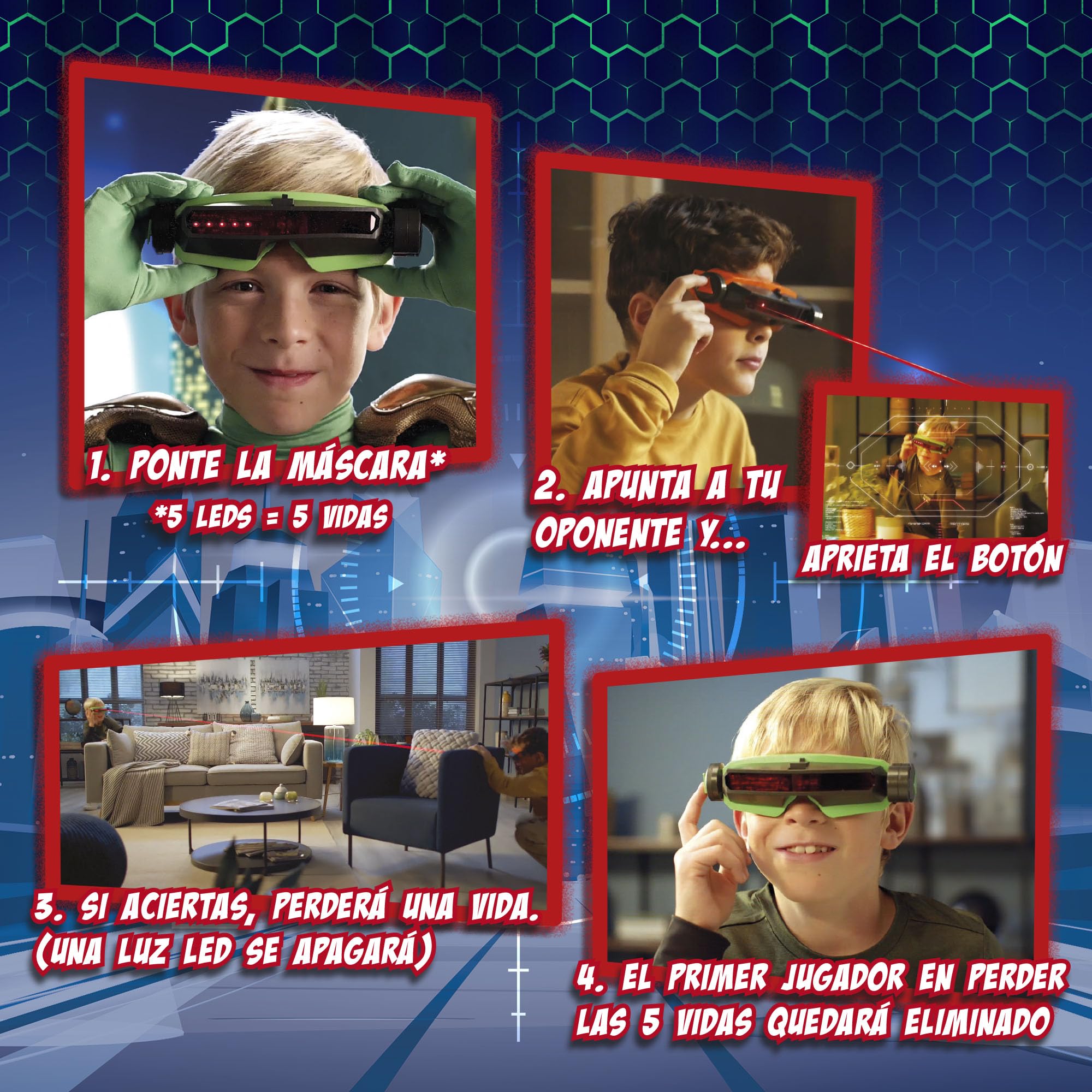 Laser Shoot, Juego de Batalla Visión Láser con 2 Máscaras Interactivas, 5 Vidas por Jugador, Alcance 8 Metros, Juego Activo y Divertido para 2 Jugadores, +7 años, Bizak (64170002)