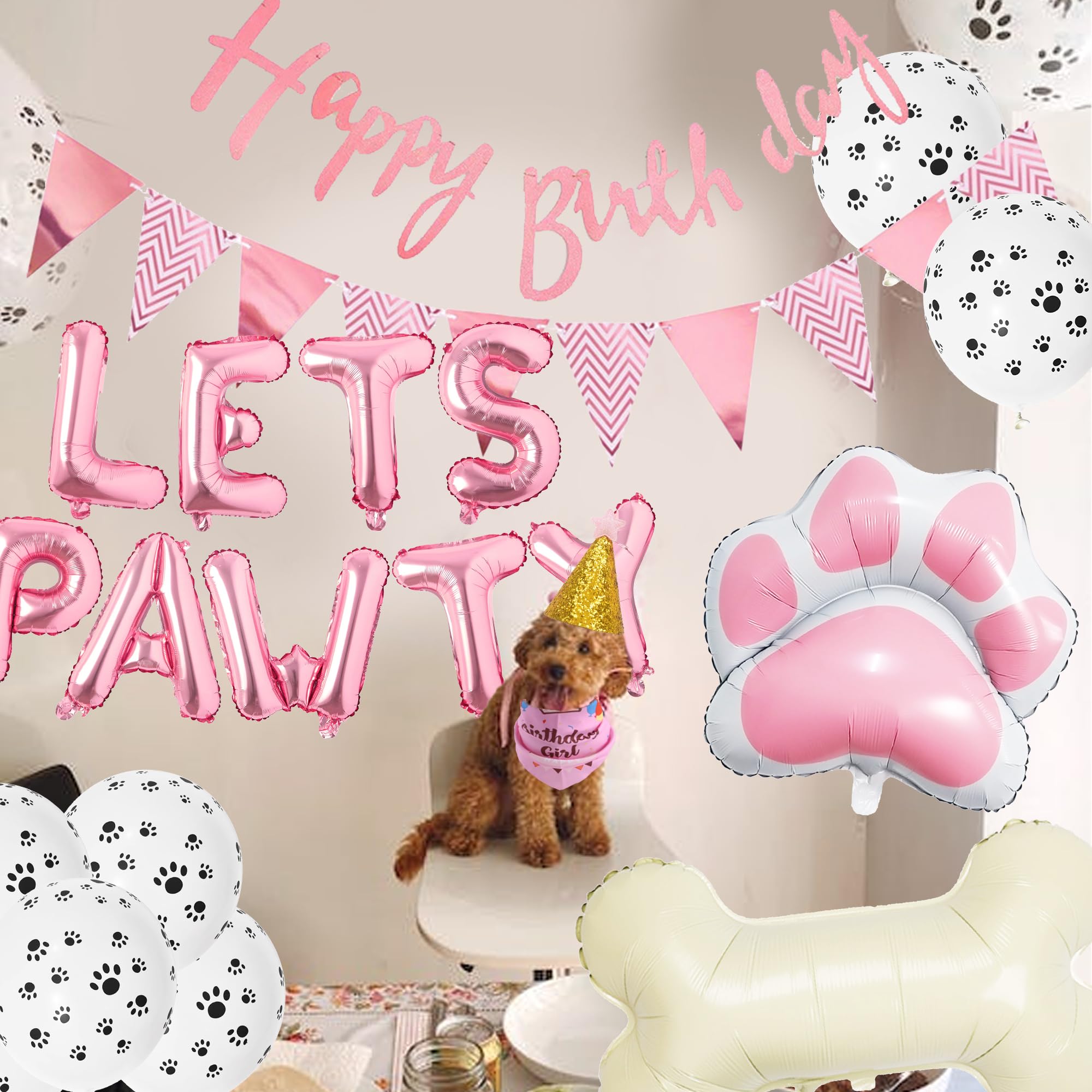 Dekoracje urodzinowe dla psa dziewczyny - dekoracje imprezowe dla psa uroczy pies dziewczyna urodziny bandana kapelusze Happy Birthday baner proporczyk różowy pies łapa kość balony foliowe dla dzieci
