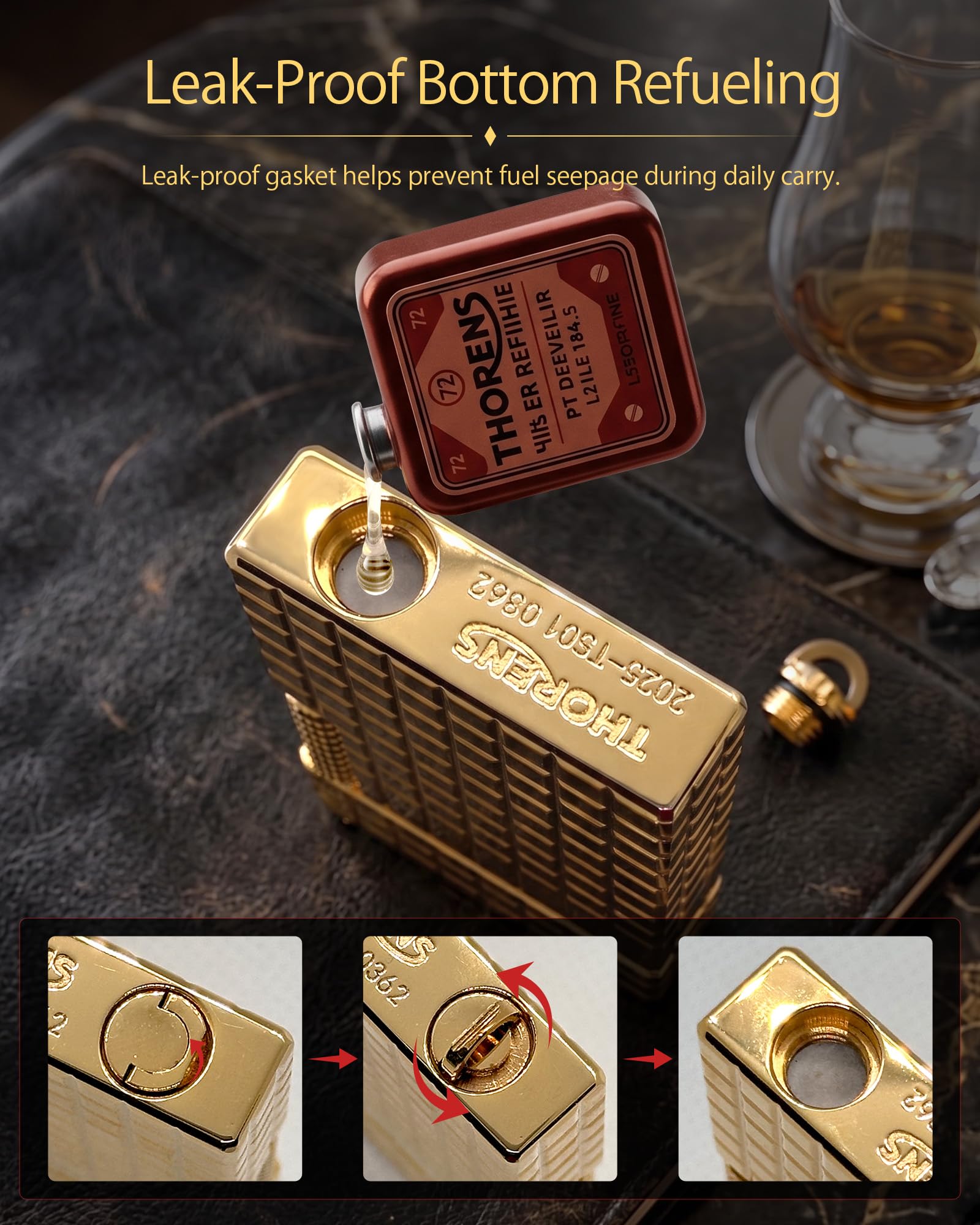 THORENS Crisp Sound - Auric Blocks Mechero de Latón y Queroseno | Clásico vintage, llama suave, recargable, side-slide, flip dorado único, grabado, coleccionable, regalo de lujo hombre