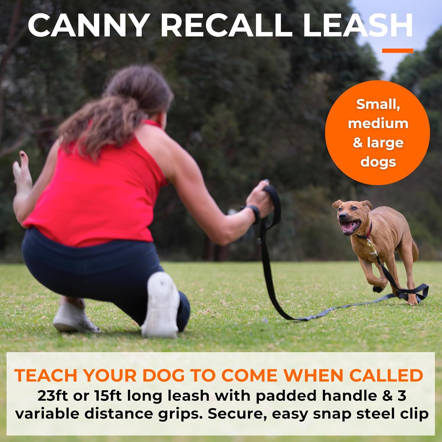 Canny Recall Dog Training Lead | Heavy Duty Extra Long Lead for Training Dogs & Puppies in Park or Yard | Train Your Dog to Come When Called | 23ft & 15ft, Black