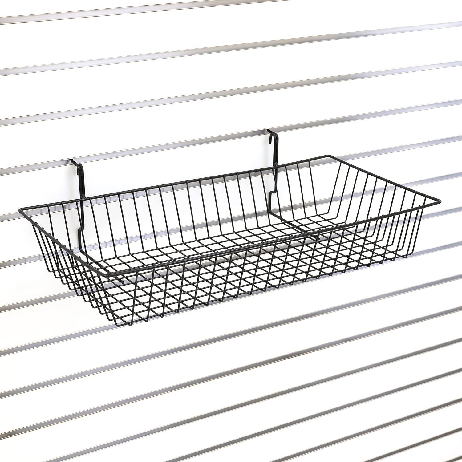 VICTORY DISPLAY & STORE FIXTURE MFG Steel Wire Basket 4" Deep, 24" Wide and Extends 12″ from Wall: Attaches to Slatwall, Pegboard, and Grid Panels for Retail or Home Use (Quantity 3) (3, Black)