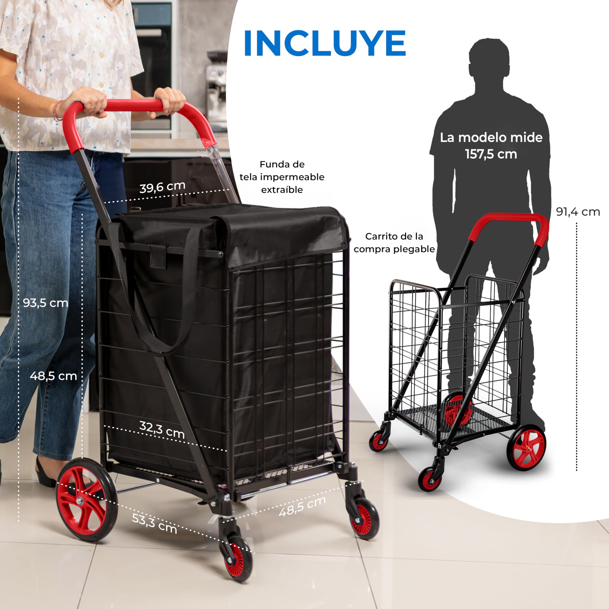 Serenelife Carrito de la Compra, Plegable, Pequeño, Supermercado, con Forro Impermeable, Ruedas giratorias, Soporta hasta 32kgs, Portatil, Ligero