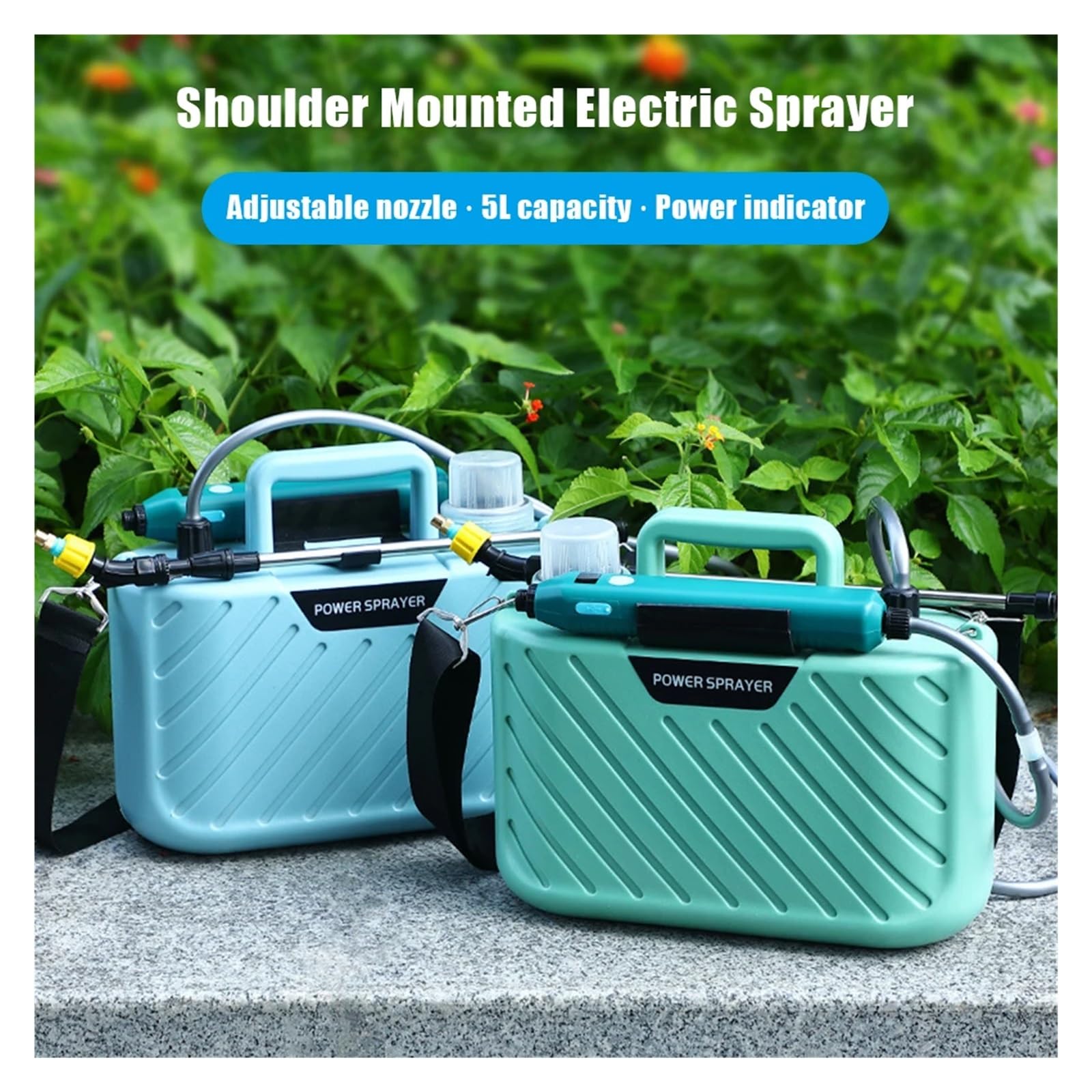 Spruzzatore elettrico, Spruzzatore elettrico portatile da 5 litri con 2 ugelli nebulizzati prato ricaricabile USB, spruzzatore giardino display digitale(Blauw)