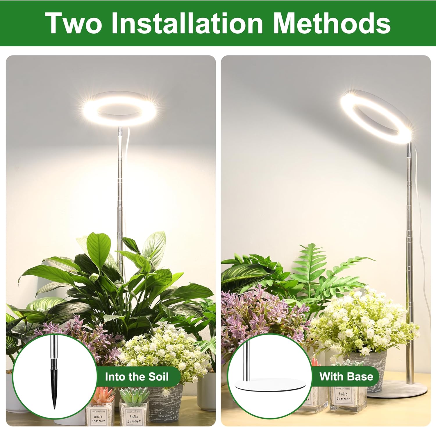 Hywyimlait Indoor Plant Growth Lights, Full Spectrum Plant Growing Lights, 8.2"-37.4" Height Adjustable Desk Grow Lamp with Base and Ground Stake, Auto Timer 4/8/12/18H, 3 Light Modes, 10 Brightness