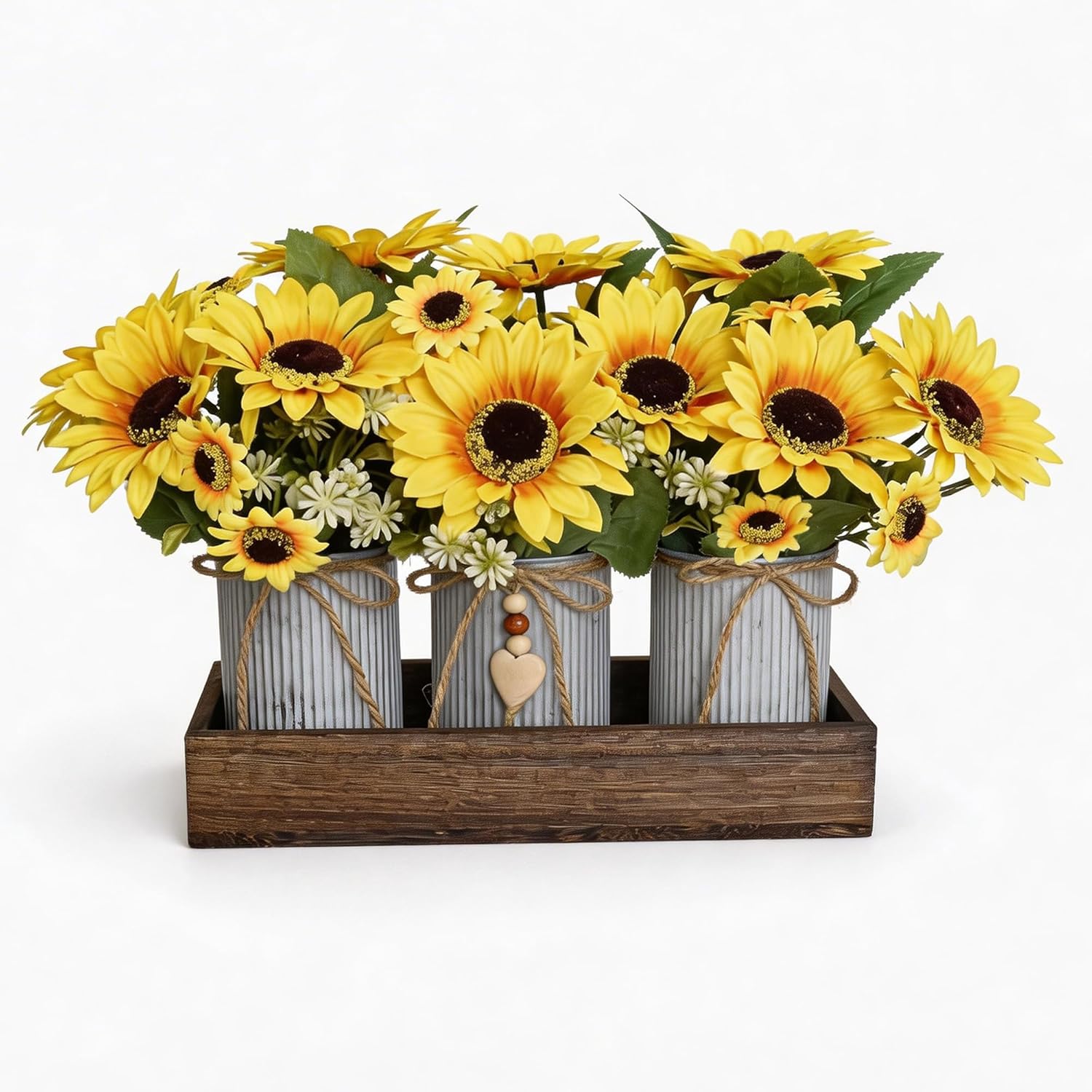 Artificial Sunflower Decorative Centerpiece, Rustic Table Centerpieces Home Decor for Dining Room, Farmhouse Wood Planter Box with 3 Galvanized Metal Pots Decorative
