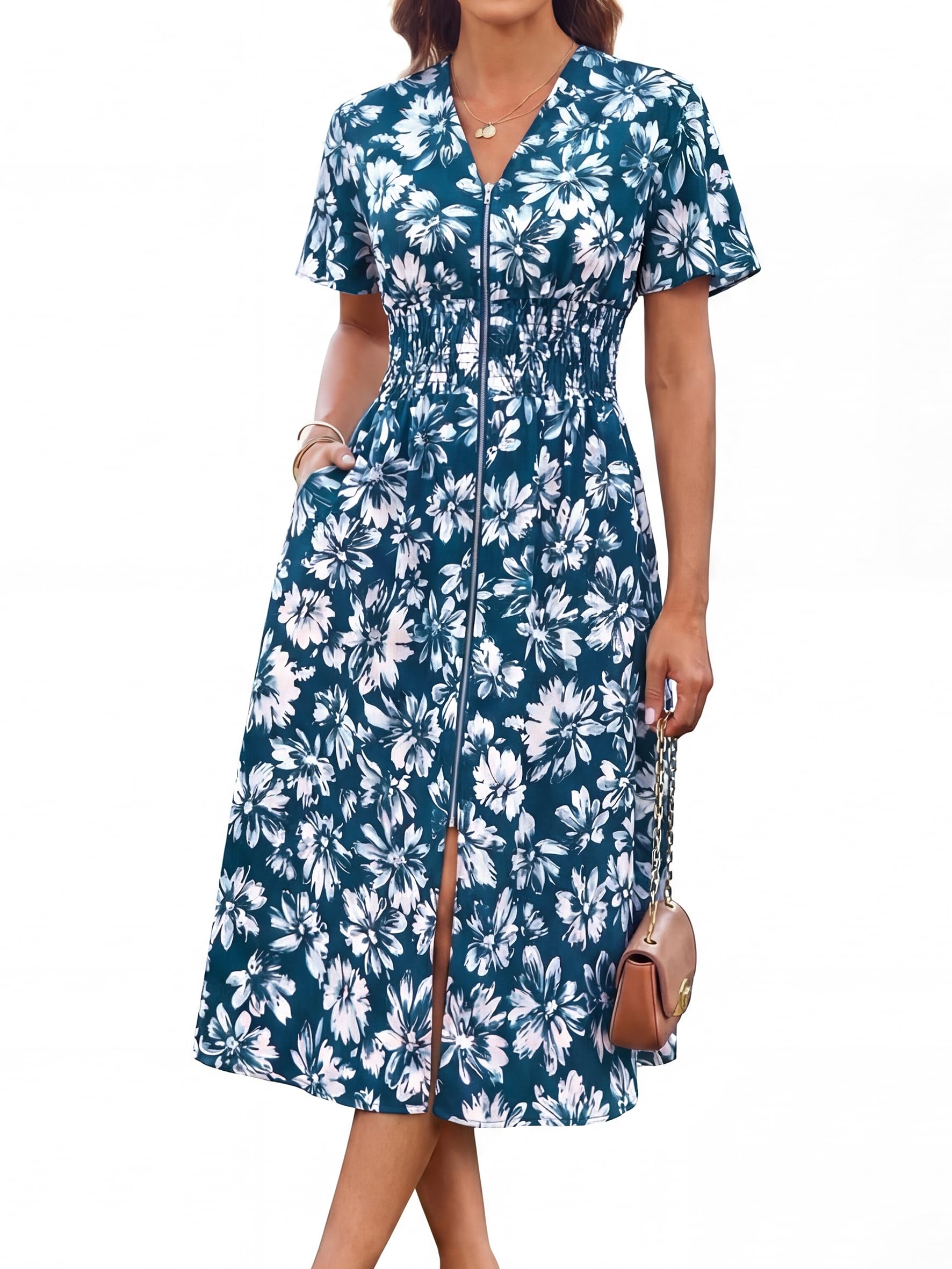 GRACE KARIN Womens Summer Maxi Floral Dress Casual 2026 Long Zipper Dresses Boho Flowy Beach Vacation Sundress with Pockets Blue Floral L