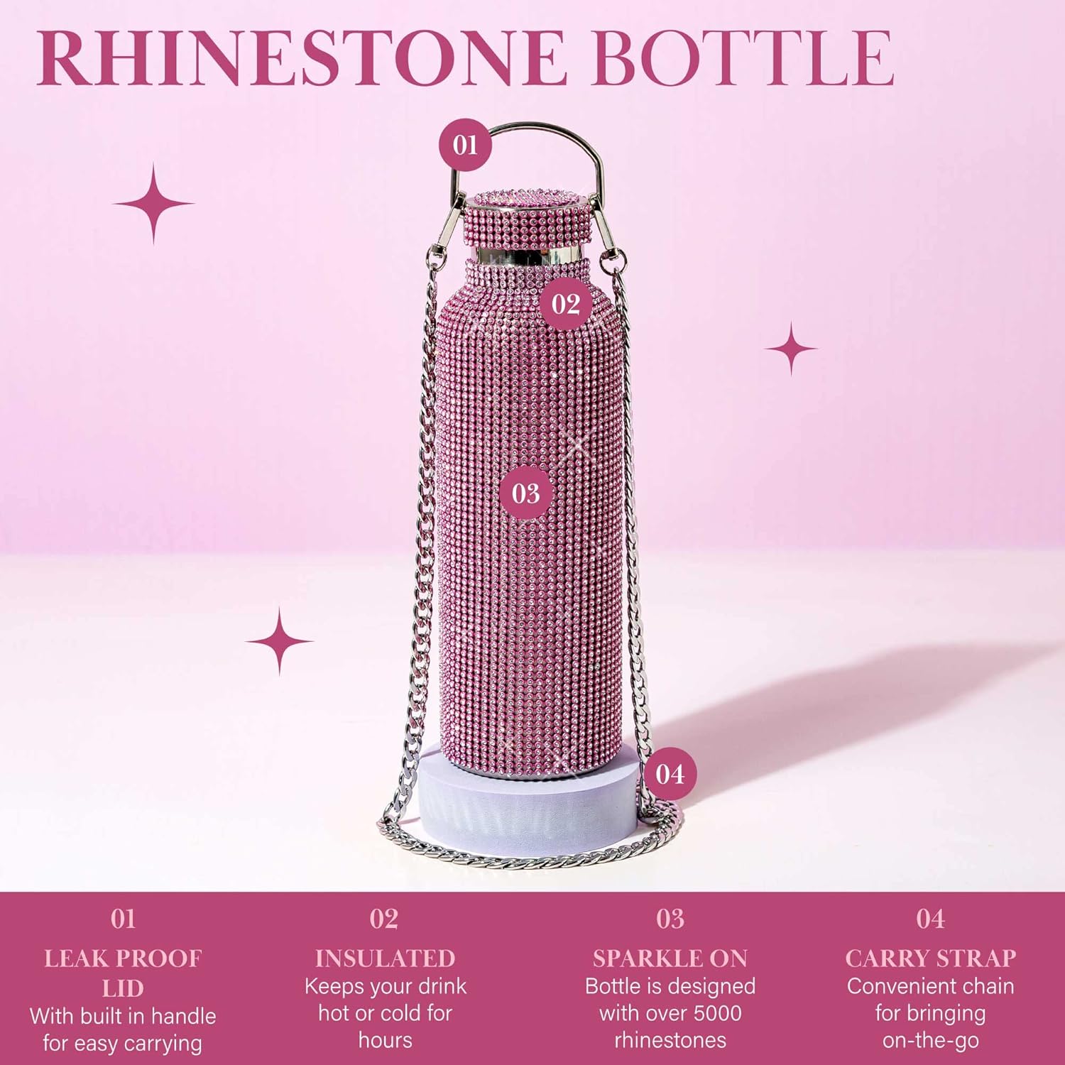 Paris Hilton Diamond Bling Water Bottle With Lid And Removable Carrying Strap, Stainless Steel Vacuum Insulated, Bedazzled With Over 5000 Rhinestones, 25-Ounce, Ombre Pink to Silver - Image 3