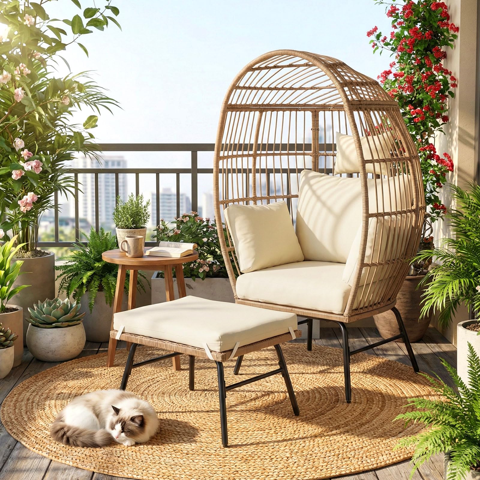 COSTWAY Korbsessel Rattan mit Hocker, Gartensessel mit Kissen und Metallgestell, Rattansessel, Loungesessel für Balkon, Garten, Wohnzimmer, Terrasse, Beige