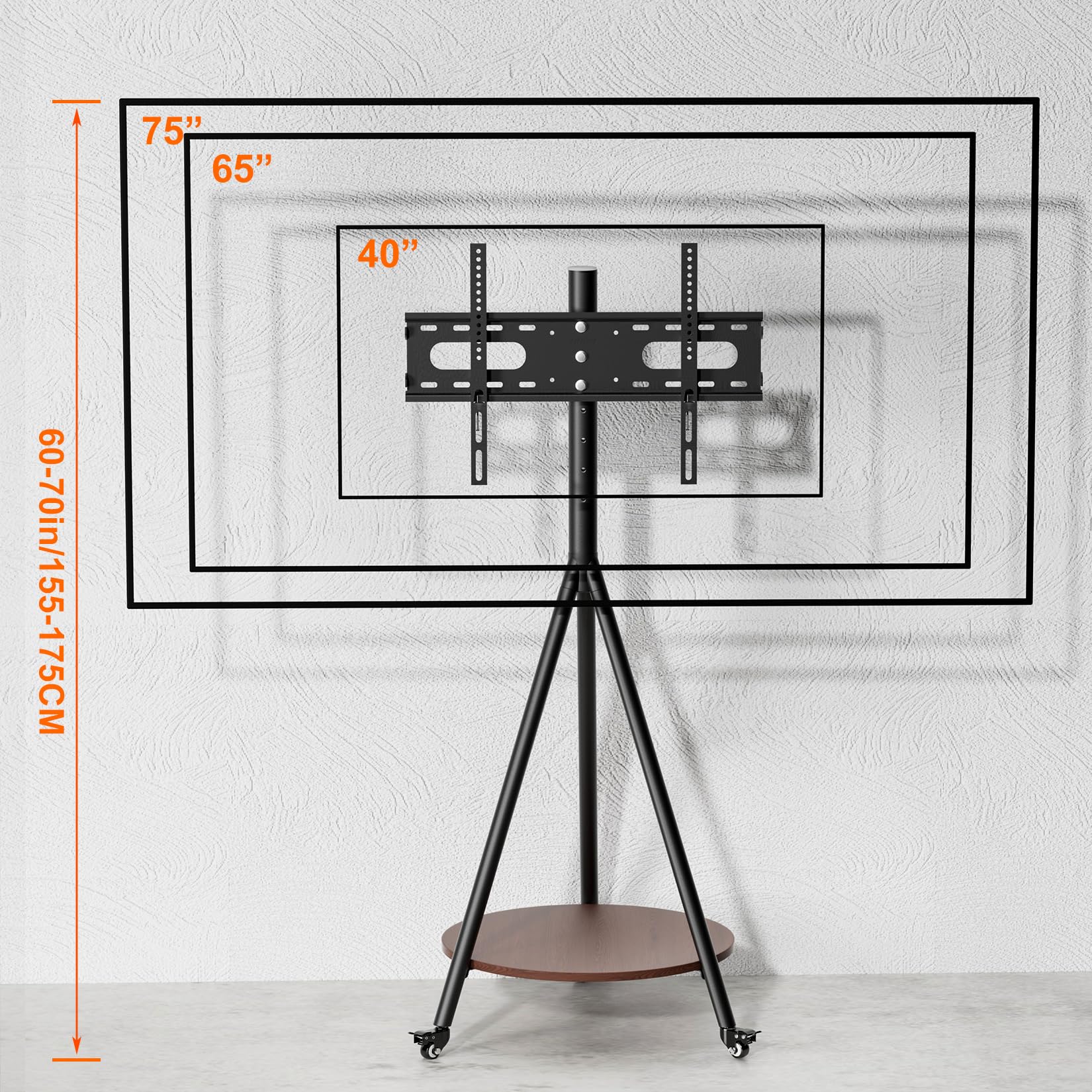 UNHO Supporto TV da Pavimento con Ruote 40-75 Pollici Peso Max 50kg Nero | Porta TV con Ruote Cavalletto Treppiede, Max VESA 600x400mm, Legno Ripiano, Regolabile in Altezza, Design moderno