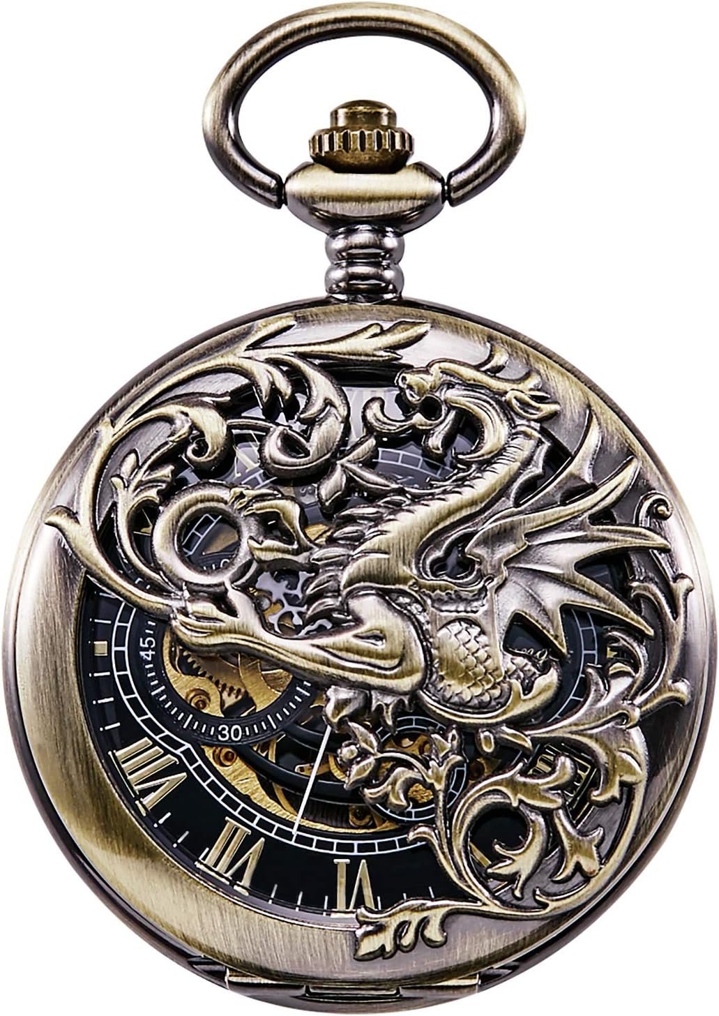 TREEWETO Mechanical Pocket Watch - Dream Dragon Skeleton Half Hunter Double Open Silver Case