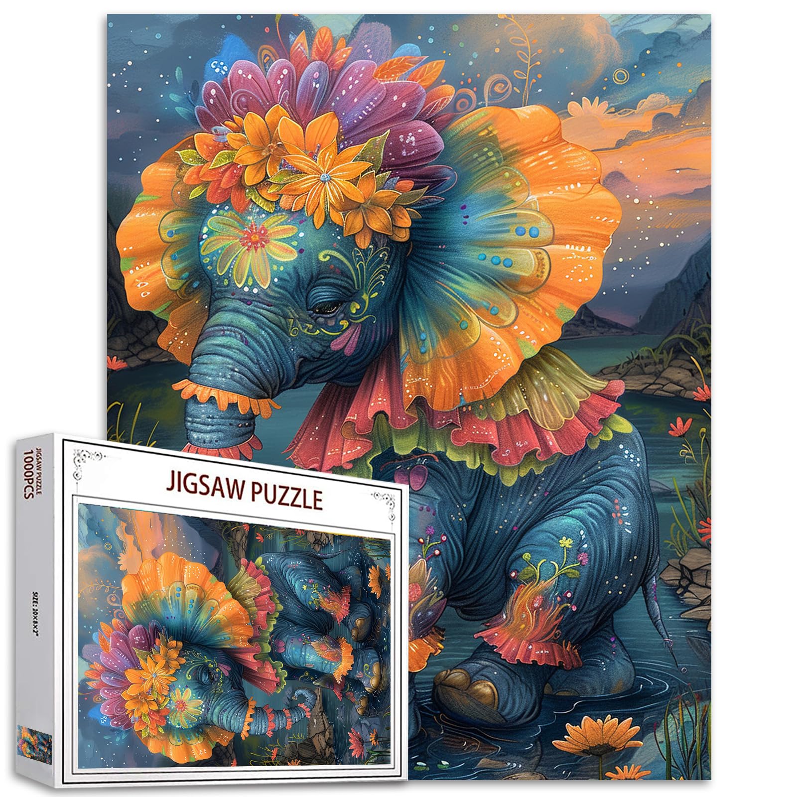 Tucocoo Colorful Elephant Jigsaw Puzzle 1000 Pieces Puzzles for Adults, River Animal Wearing a Tutu Dancing Art Puzzles for Challenging Family Activity Games DIY Craft Puzzle for Home Decor Gifts