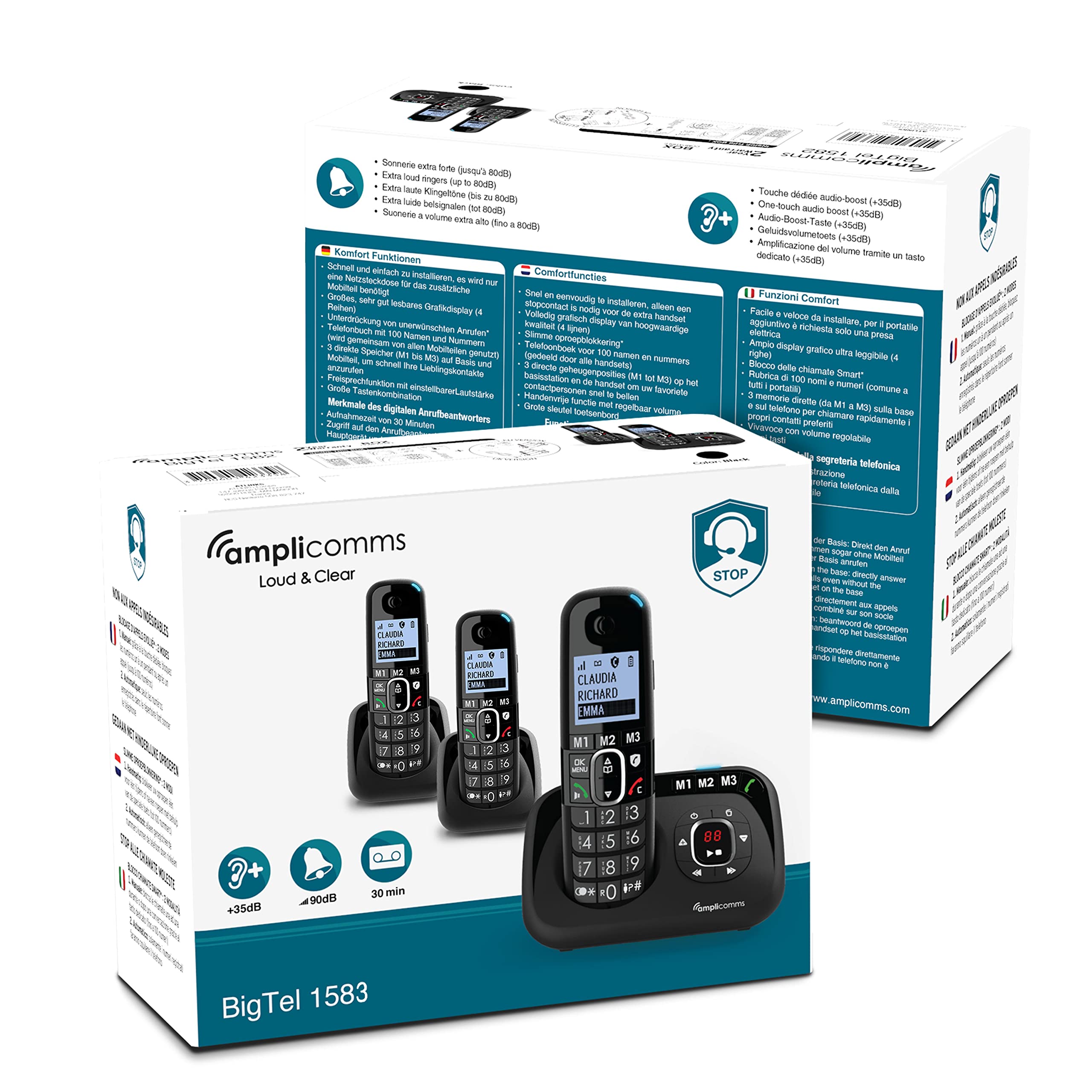 Amplicomms BigTel 1583 Trio Telefono cordless DECT con tastiera grande, amplificazione audio, suonerie forti, segreteria telefonica, compatibile con apparecchi acustici, protezione delle chiamate