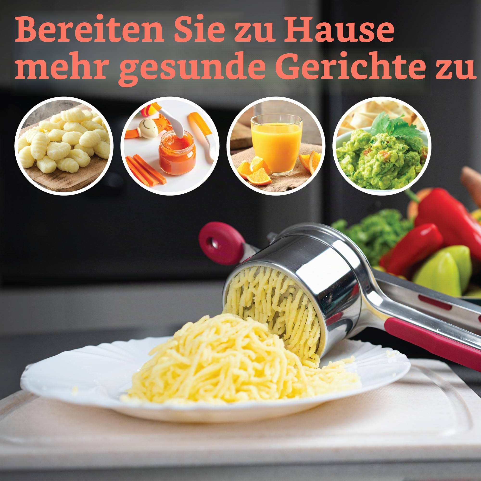 PriorityChef Große Kartoffelpresse mit 3 Scheiben, robuste Edelstahl-Kartoffelpresse für Kartoffelpüree, Kartoffelstampfer, Presse und Presse, Küchenwerkzeug, Rot