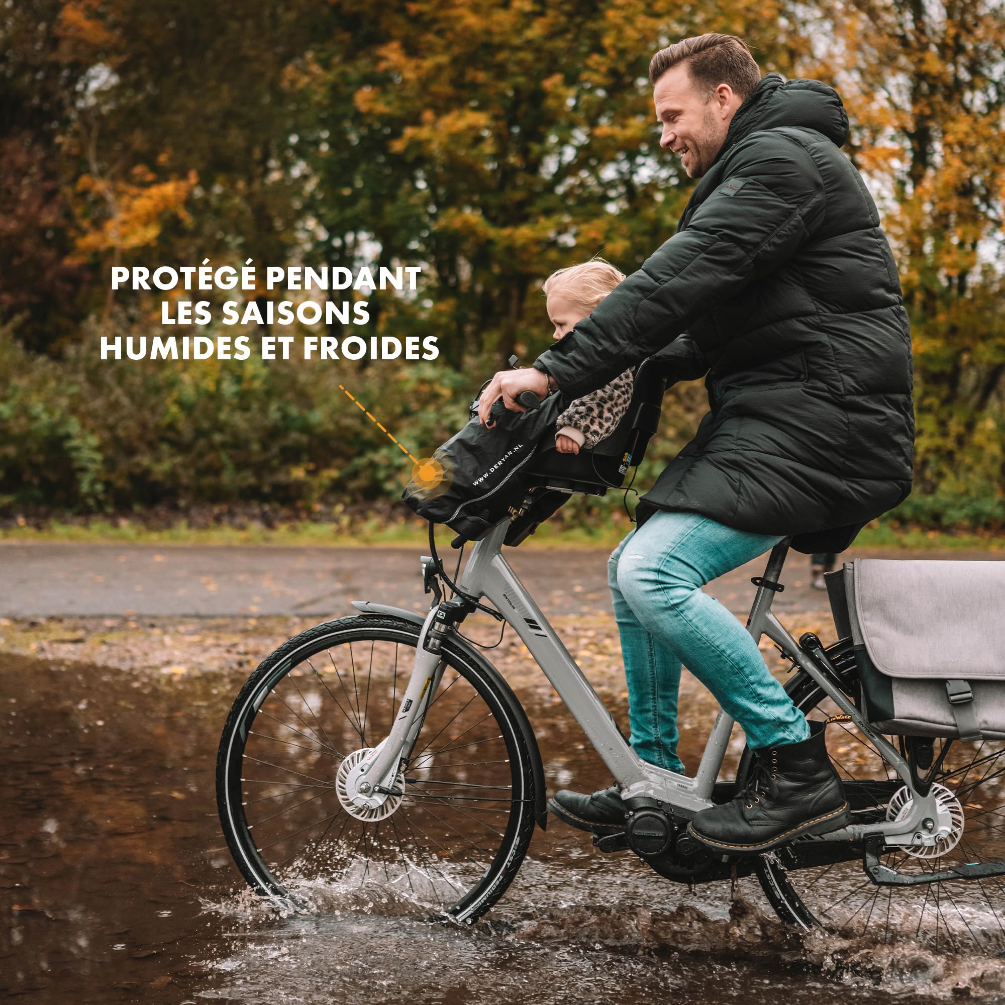 DERYAN Bike-A-Way - Chancelière unique, belle et chaude - Facile à utiliser - Avec poncho - Protège votre enfant du froid, de la pluie et de la neige - Idéal par temps changeant
