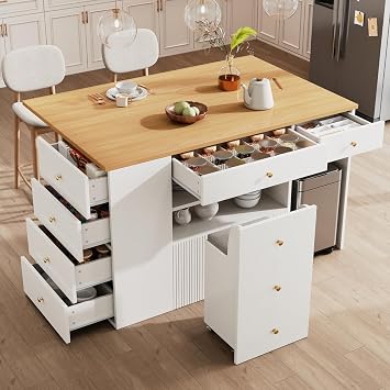 Adjustable Kitchen Island with Bar Stools, Sideboard & Cabinet with 6 Drawers, Storage Cabinet, Kitchen Table with Double-layer Storage Movable Stool, Space Saving & Easy to Assemble, White
