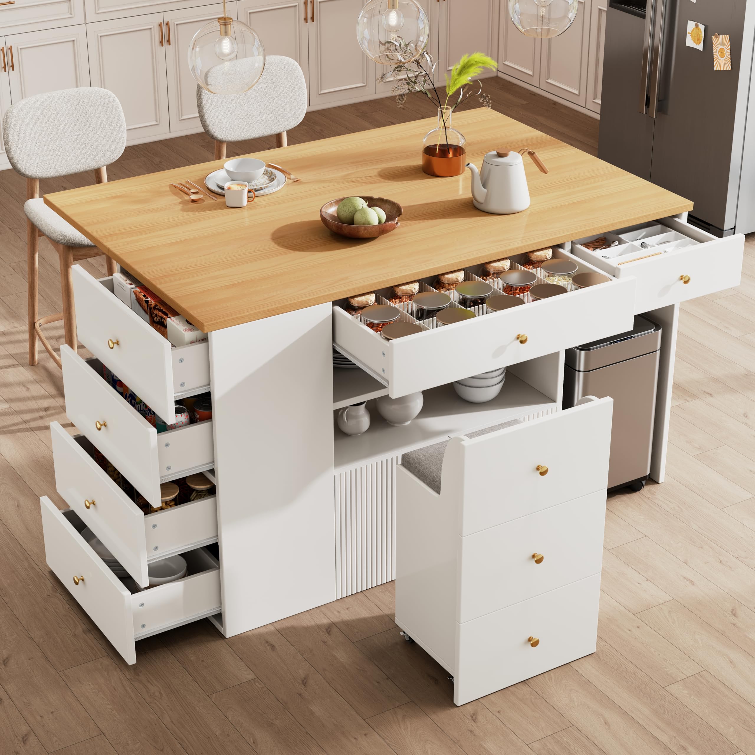 Isla de cocina con taburetes de bar y armario Sto de 6 Ders mesa de doble capa, diseño de ahorro de espacio, fácil montaje, moderno, piel de cocina blanca