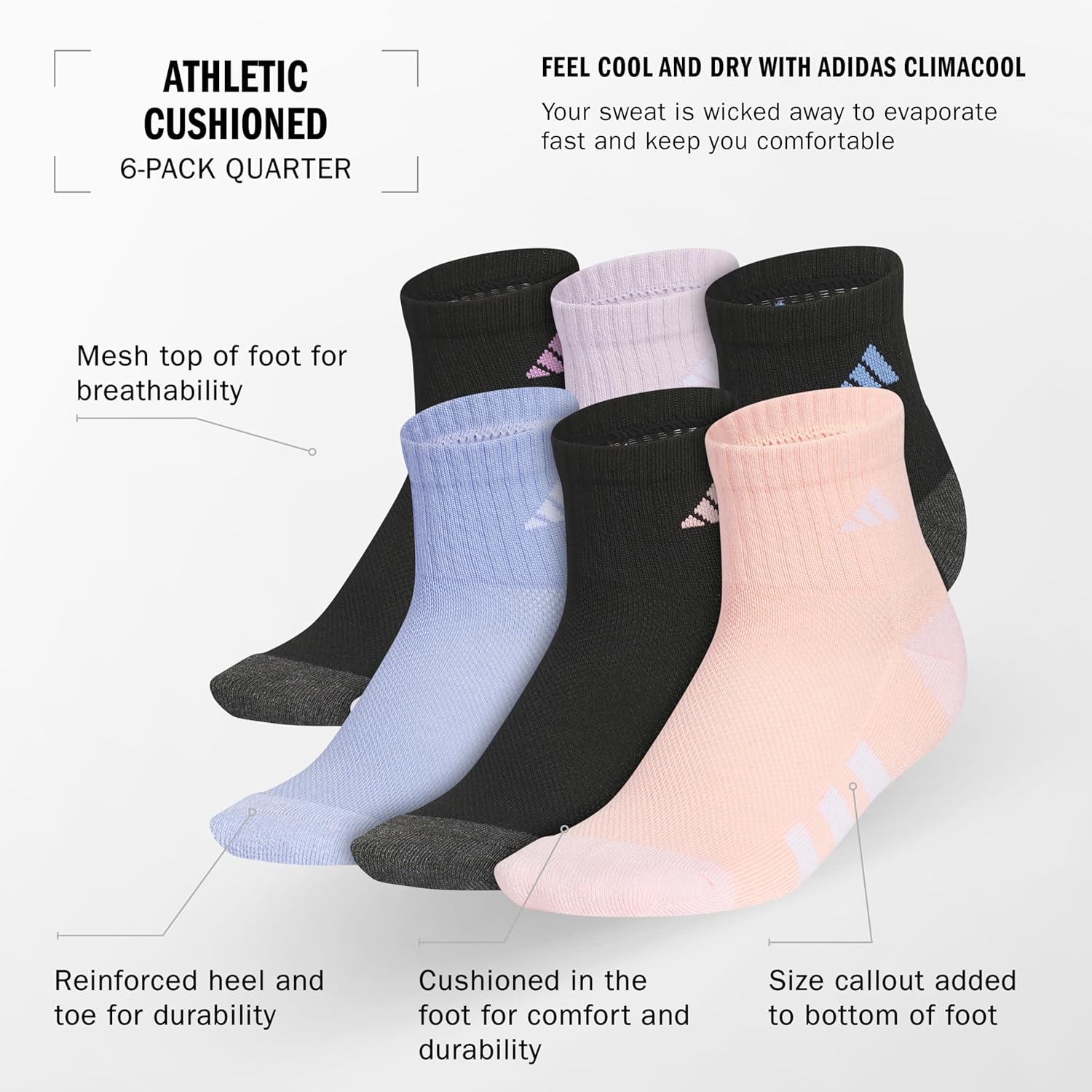 adidas Unisex Kids Cushioned Quarter Ankle Socks for Boys and Girls (6 Pairs) Durable & Comfortable - Image 3