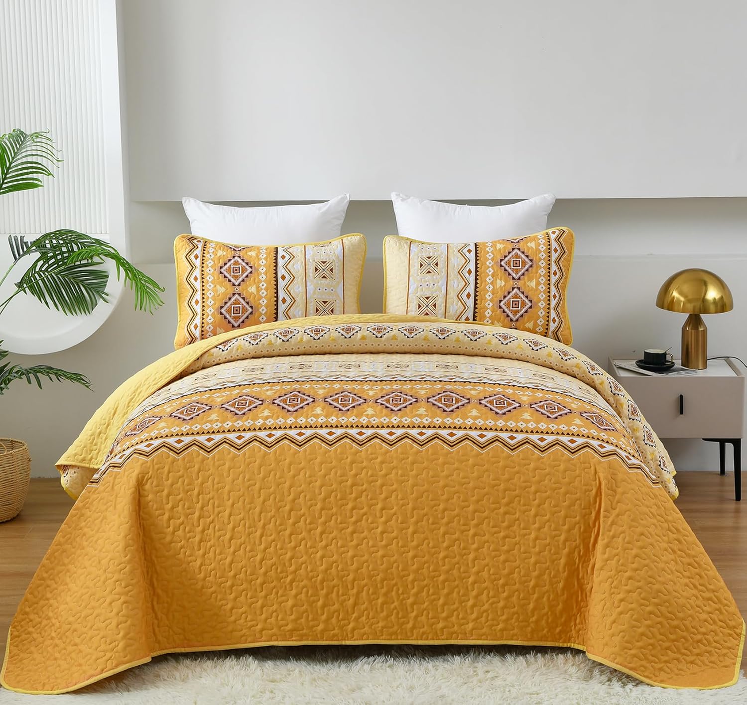 Yellow Quilt Set Queen,3 PCS Boho Quilt Bedspread Lightweight Geometry Printed