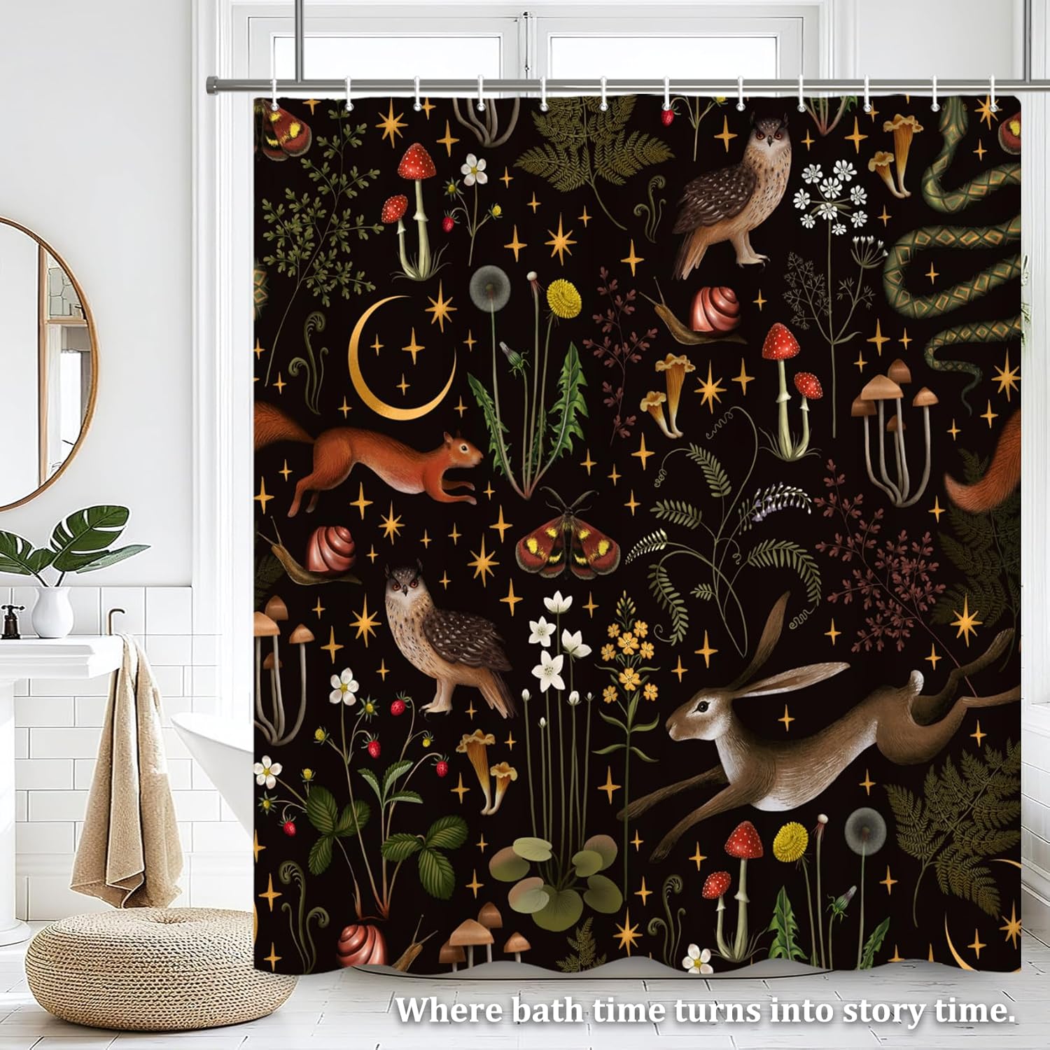 Renaiss 72 x 78 Inch Fairy Rustic Forest Shower Curtain Boho Cute Funny Gothic Vintage Mushrooms Woodland Wild Animals Butterfly Bathroom Shower Curtains Waterproof Fabric Bath Curtain Set with Hooks