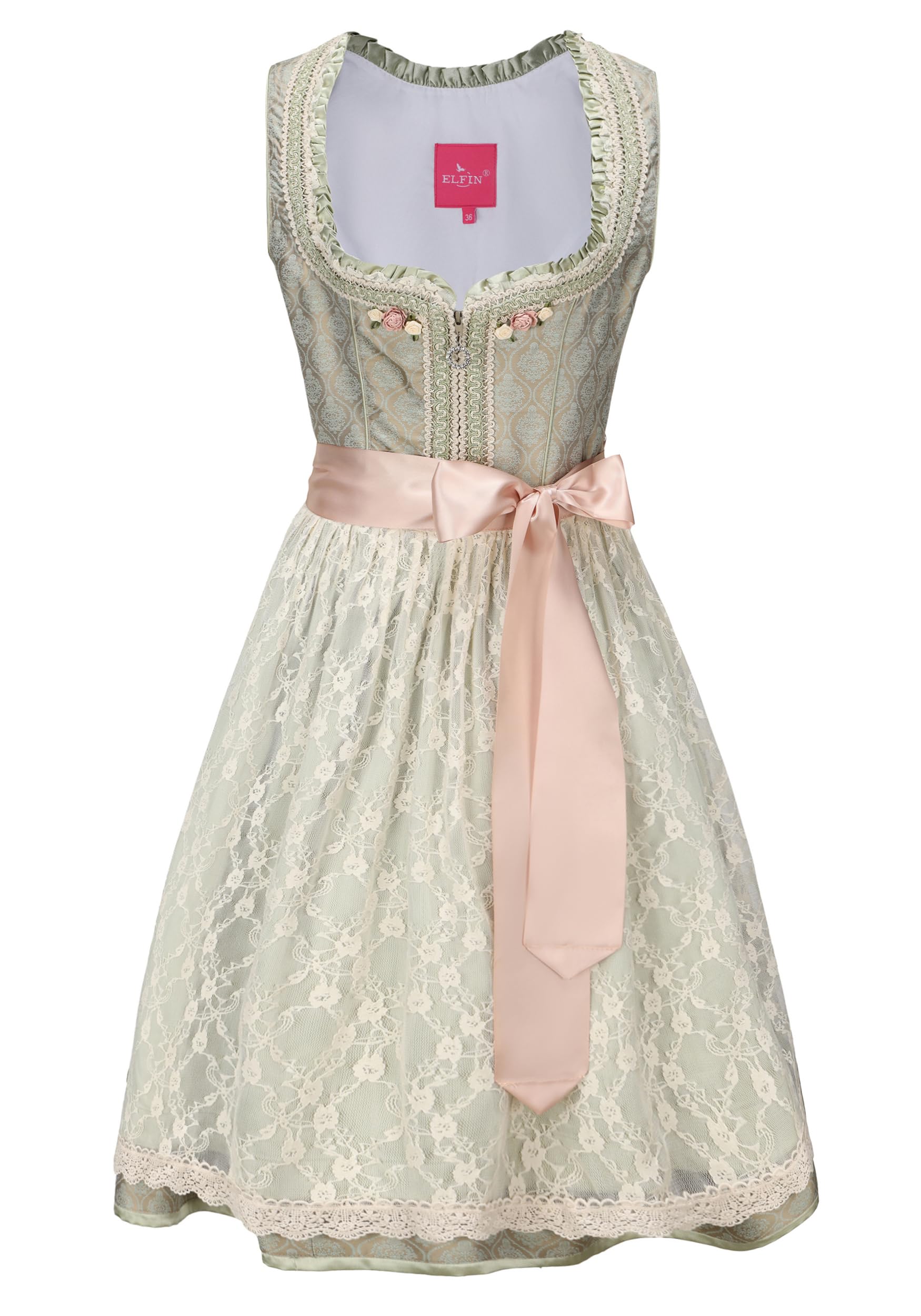 ELFIN Damen Midi Dirndl Eлегантное Trachtenkleid für Oktoberfest mit Spitzen Schürze Gr. 34-44