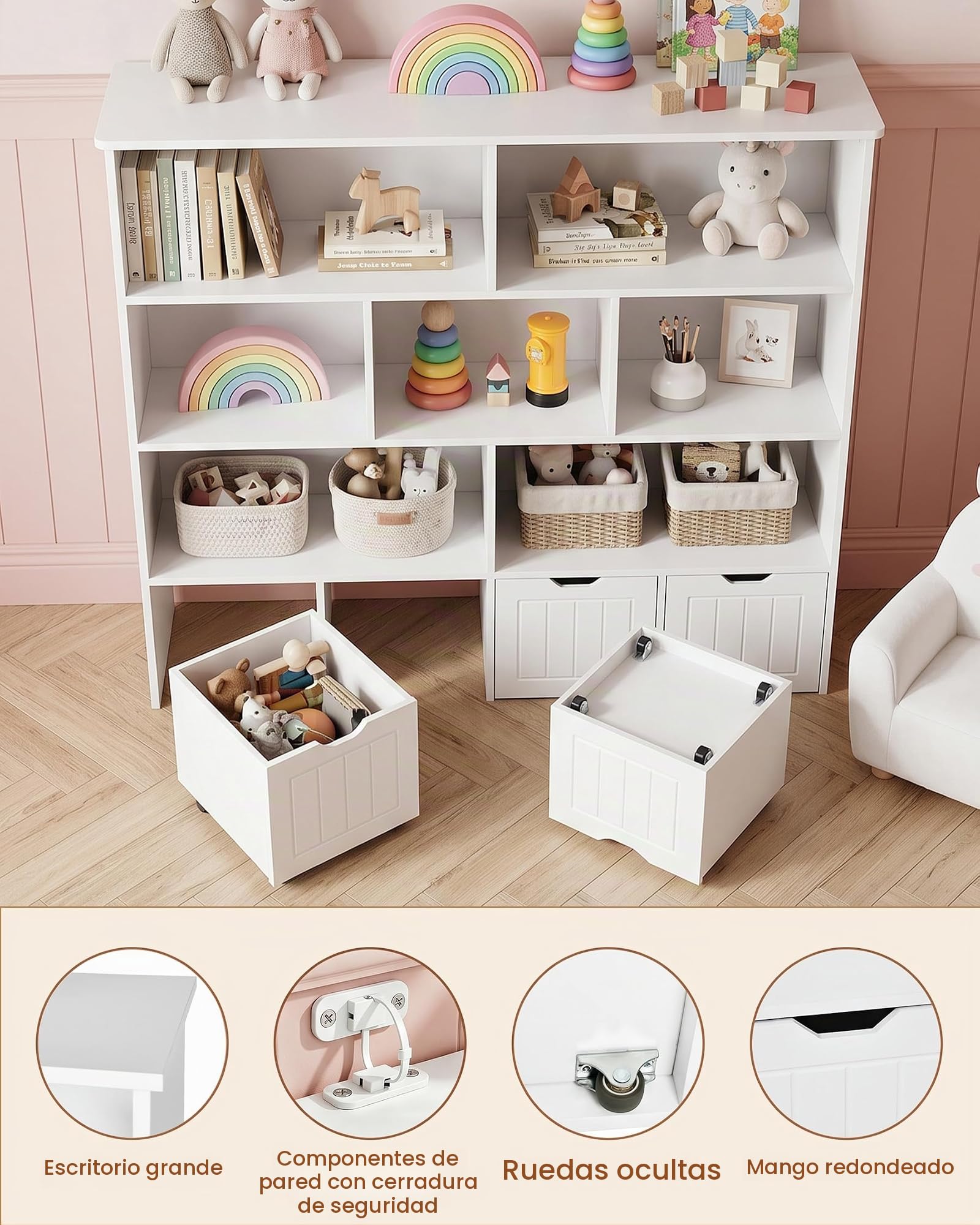 Estanteria Libros Infantil, Libreria Infantil, Almacenaje Juguetes con 4 cajones móviles, Organizador Juguetes con 7 Compartimentos Abiertos (125.5x33x118 cm)