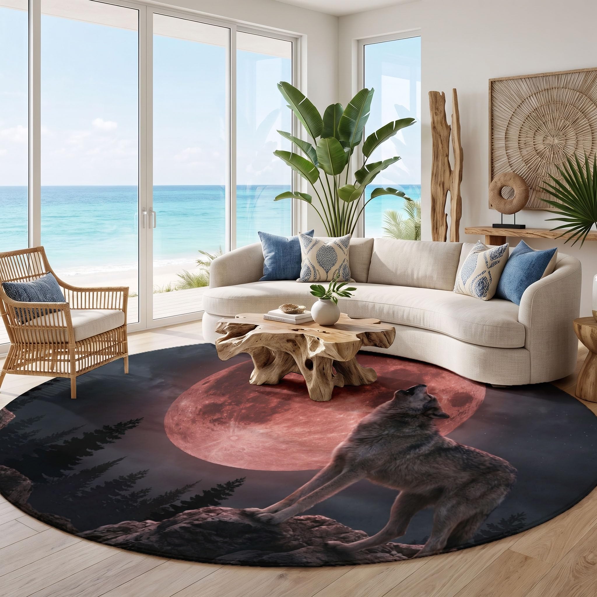 Tapis Rond Lavable Lune De Sang Loup Hurlant 160cm | Tapis Créature De Dark Fantasy Antidérapants Salon Lavable en Machine pour pour Salle à Manger, Entrée, Cuisine, Rouge Foncé